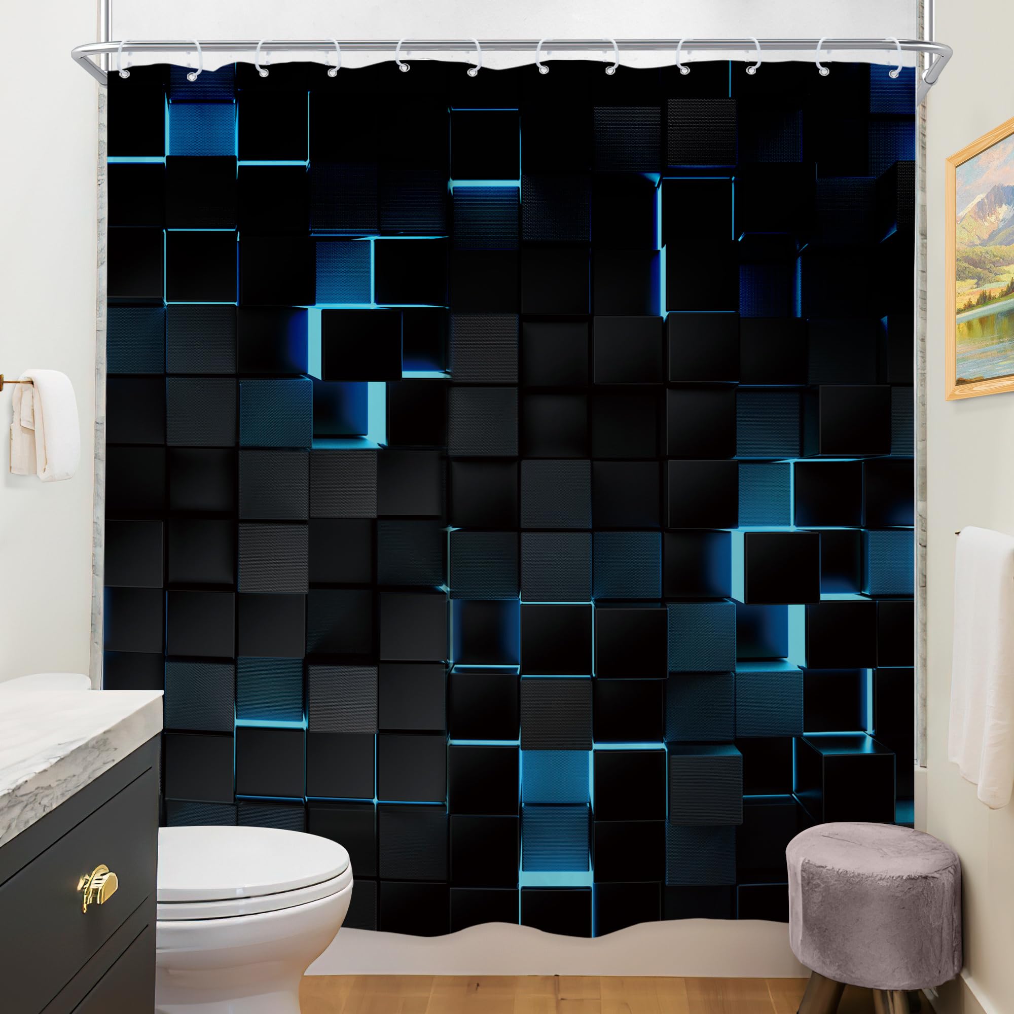 Riyidecor Black Navy Blue Wall Shower Curtain 72Wx72H Inch Abstract Brick Modern 3D Gradient Design Futuristic Cubes Geometric P