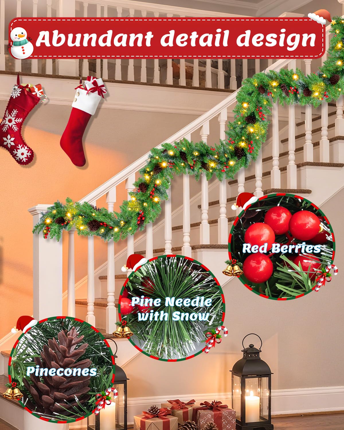 9ft Christmas Garland with Snow, Pinecones, Red Berry,50 Battery Operated Soft White LED Lights with Timer,Artificial Holiday De