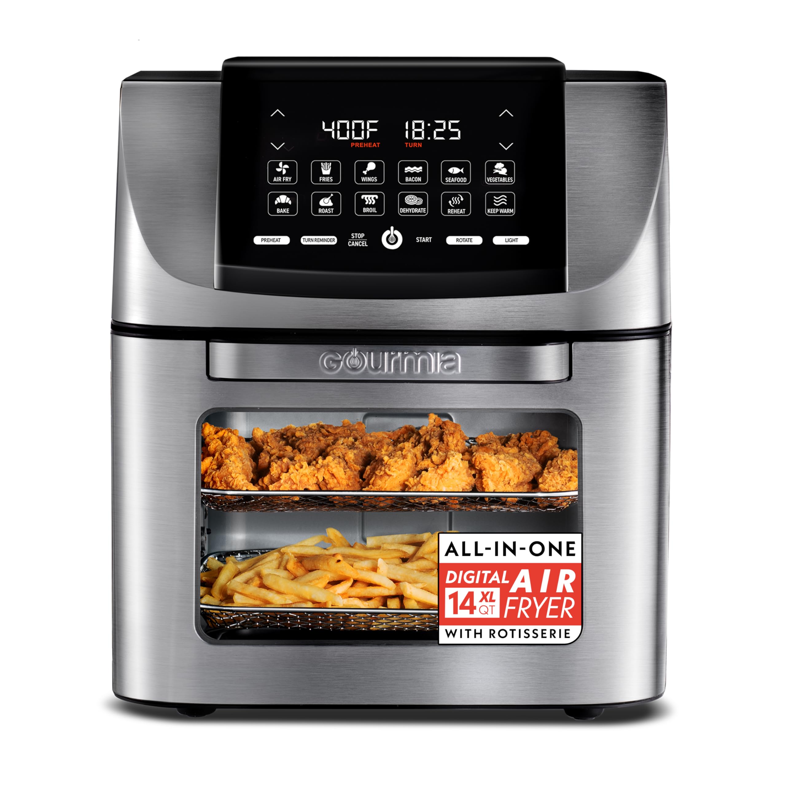 Gourmia Air Fryer - 14 Qt All-in-One Rotisserie Oven with Digital Display, 12 Presets, Roast, Bake, Broil, Dehydrate, Dishwasher