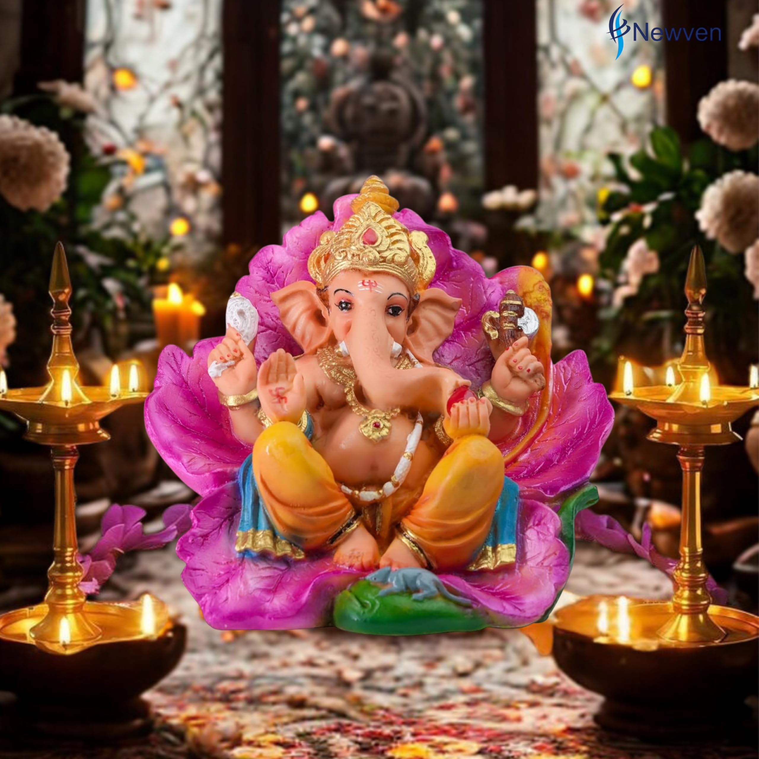 Newven Ganapati Idol Ganesh Murti Chaturthi Decoration Statue Home Decor House Warming Gift For Living Room Pooja Manthir (Multi