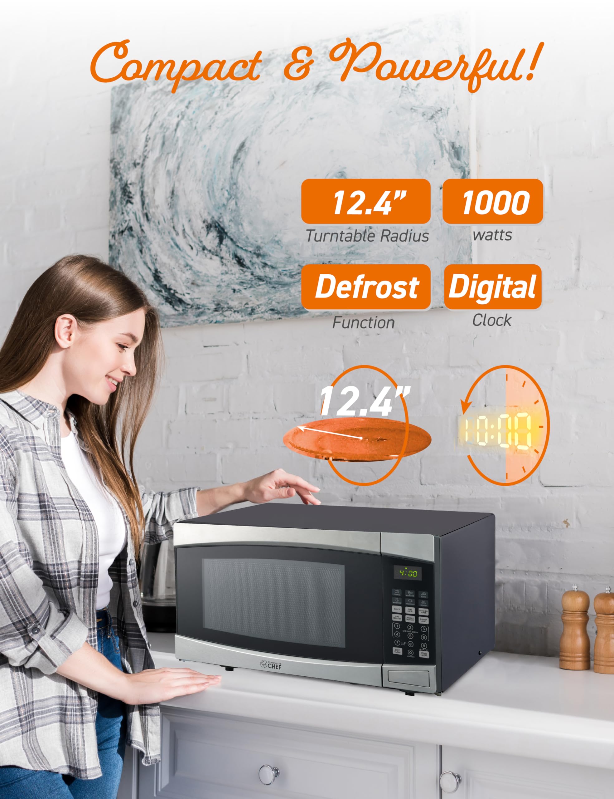 Commercial Chef Chm16100S6C Countertop Microwave Oven,1000 Watts, Small Compact Size, 10 Power Levels, 6 Easy One Touch Presets