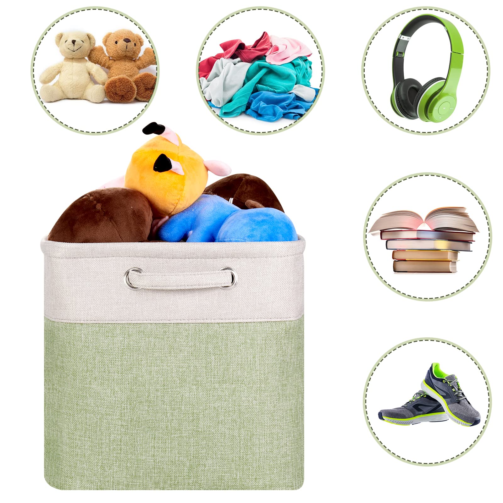 Fabric Cube Storage Boxes Foldable Storage Bins Light Green And Silver Khaki Patchwork Storage Baskets Cube Storage Bins With Ha