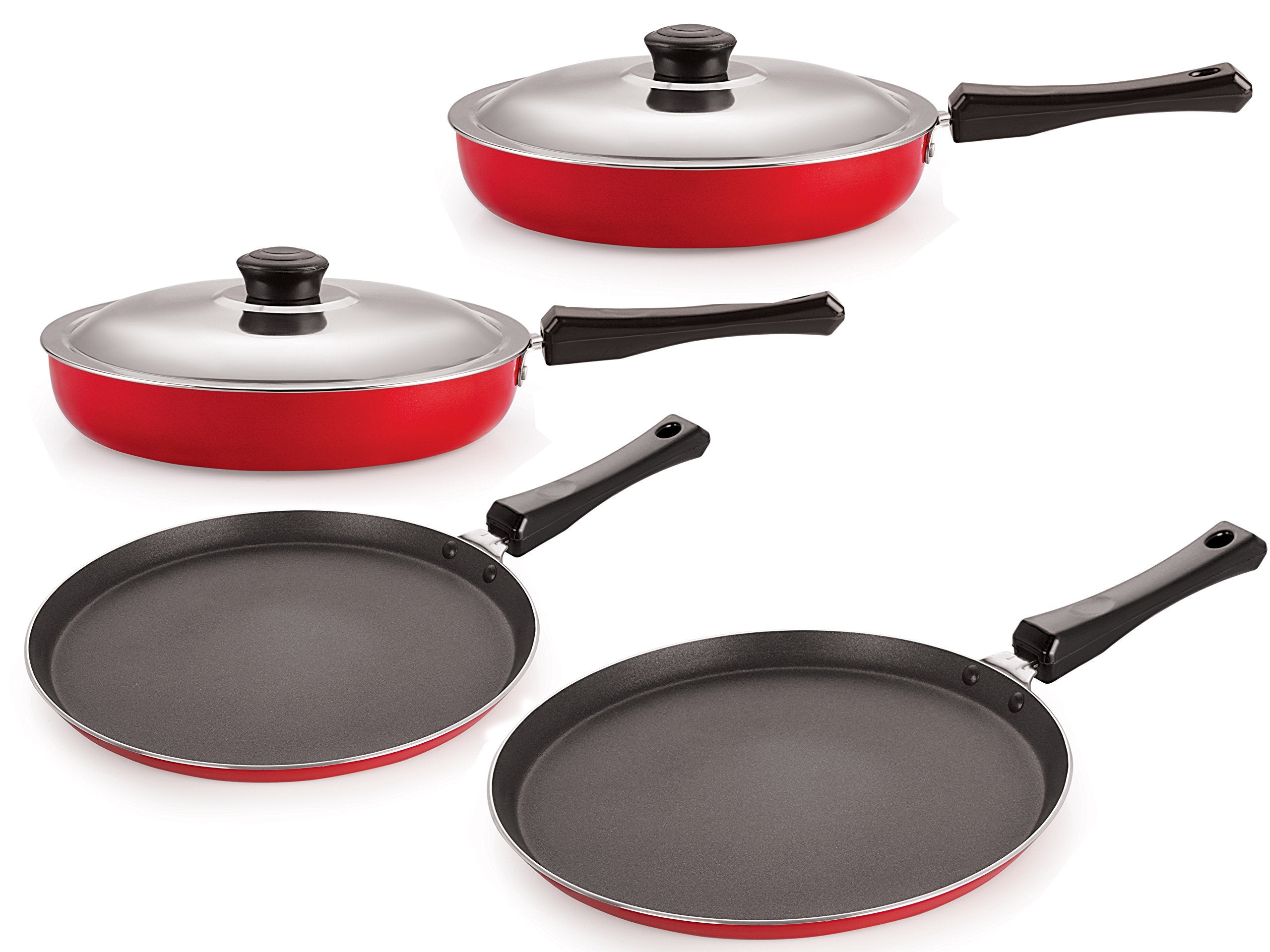 Nirlon NonStick Cookware Kitchen Cooking Utencil Combo Set Offer, (Ft13_Fp12_Fp13_Ft10),Red & Black Color