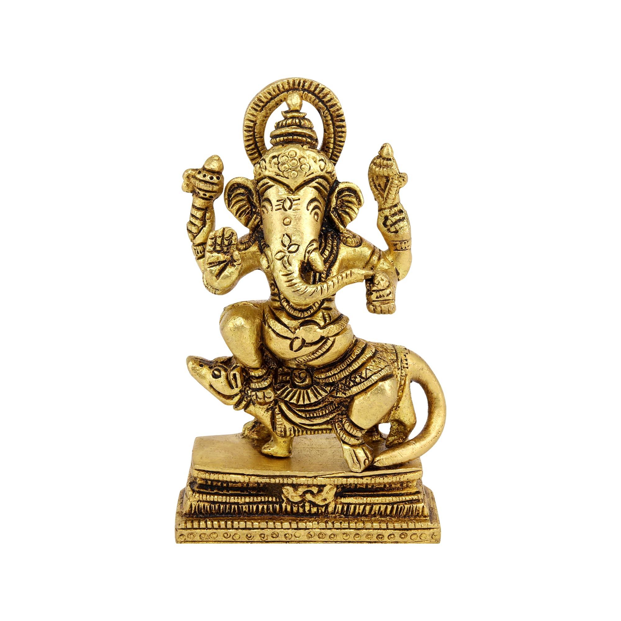 Shreeyaash Brass Ganesha Sitting On Rat Bhagwan Idol Ganesh Ganpati Statue For Home Decoration (4 Inch, Golden)