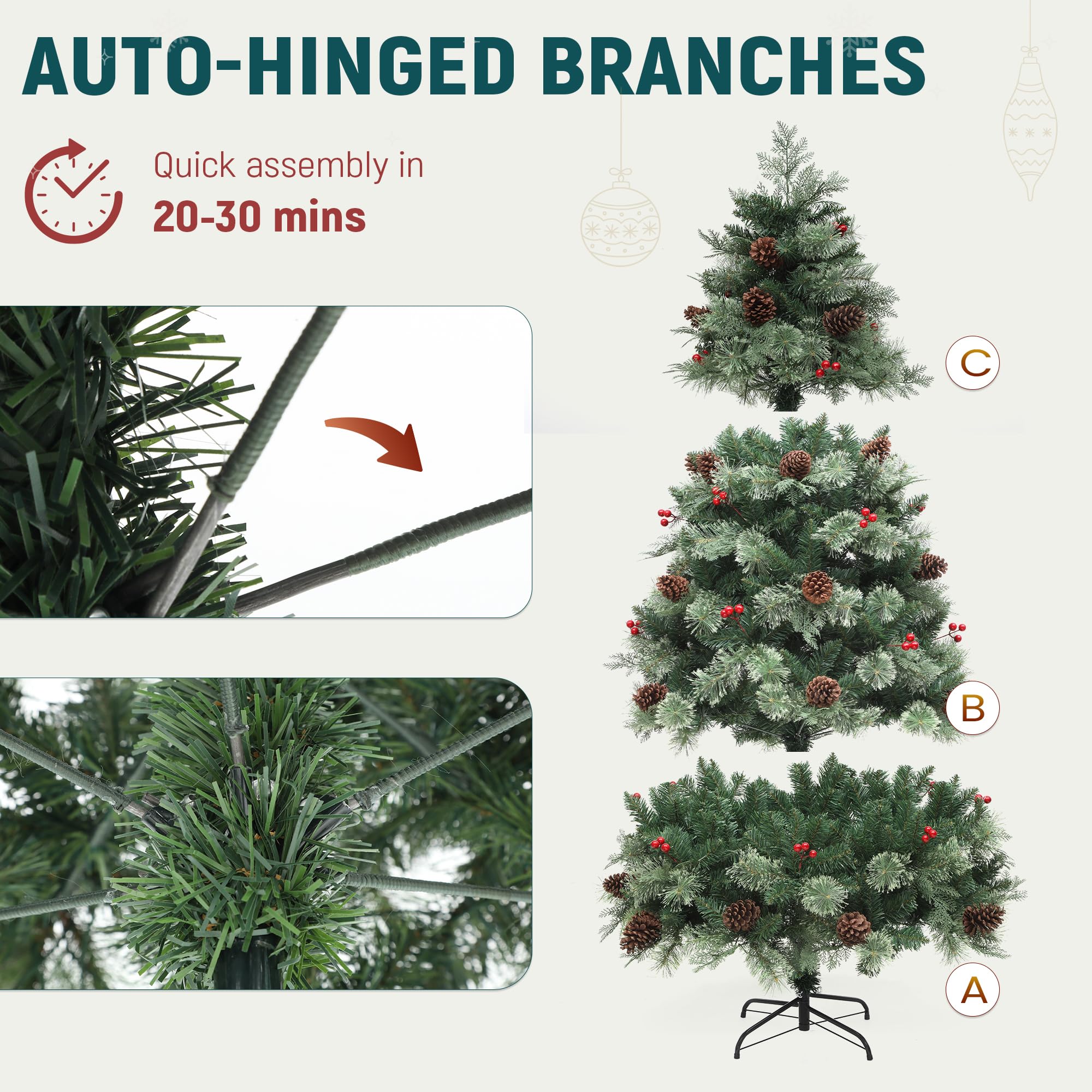 YITAHOME 7.5ft Prelit Carolina Pine Christmas Tree with Remote, Artificial Green Hinged Christmas Tree w/ 1200 Mixed Tips, Pine