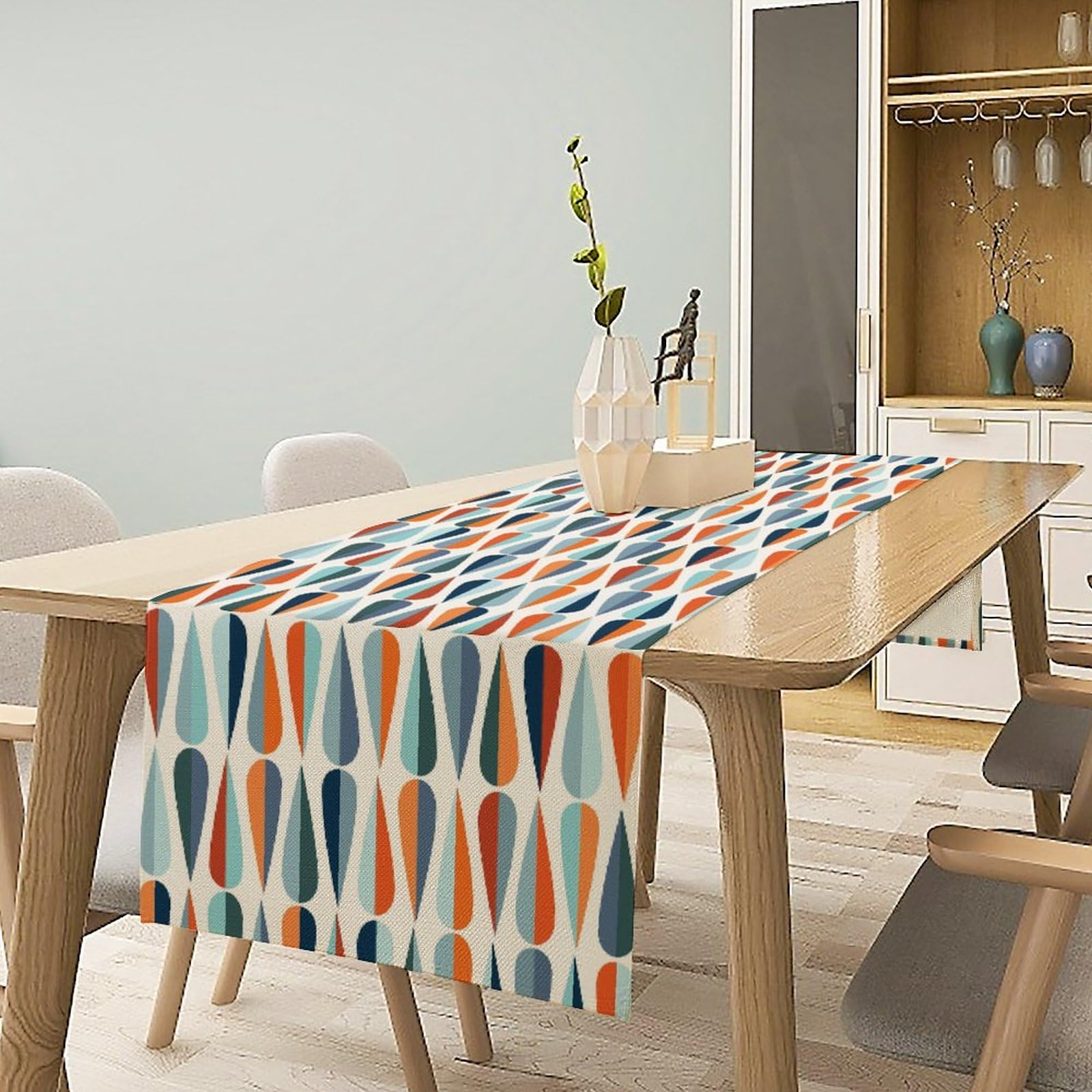 Mid Century Table Runner,Geometric Retro Drop Shapes Kitchen Table Runners For Family Dinner, Banquet, Parties And Celebrations,