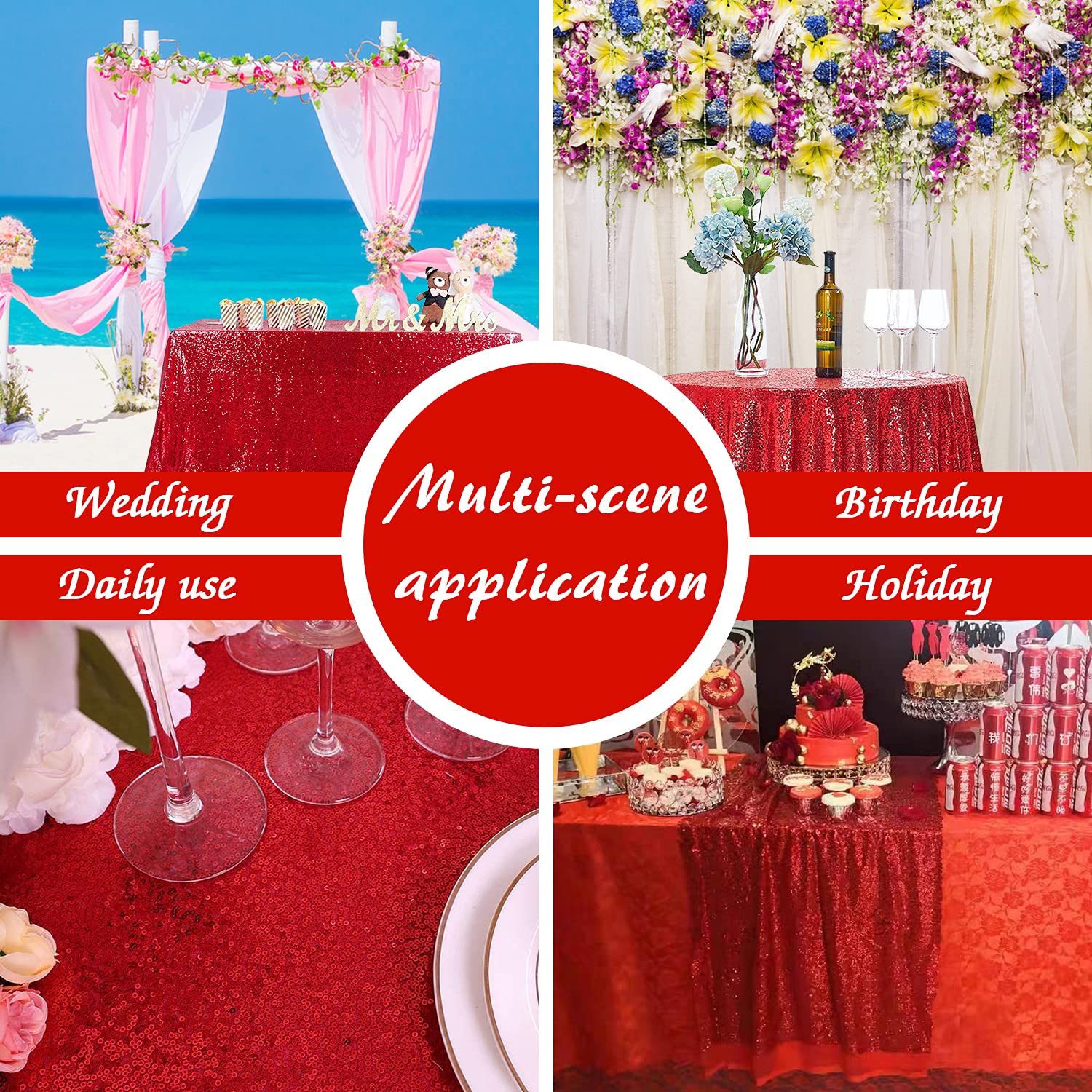 Fyledaee Red Round Sequin Table Cloths For Parties,48 Inch Glitter Table Cover Fitted Small Cute Sweet Dessert Tables For Weddin