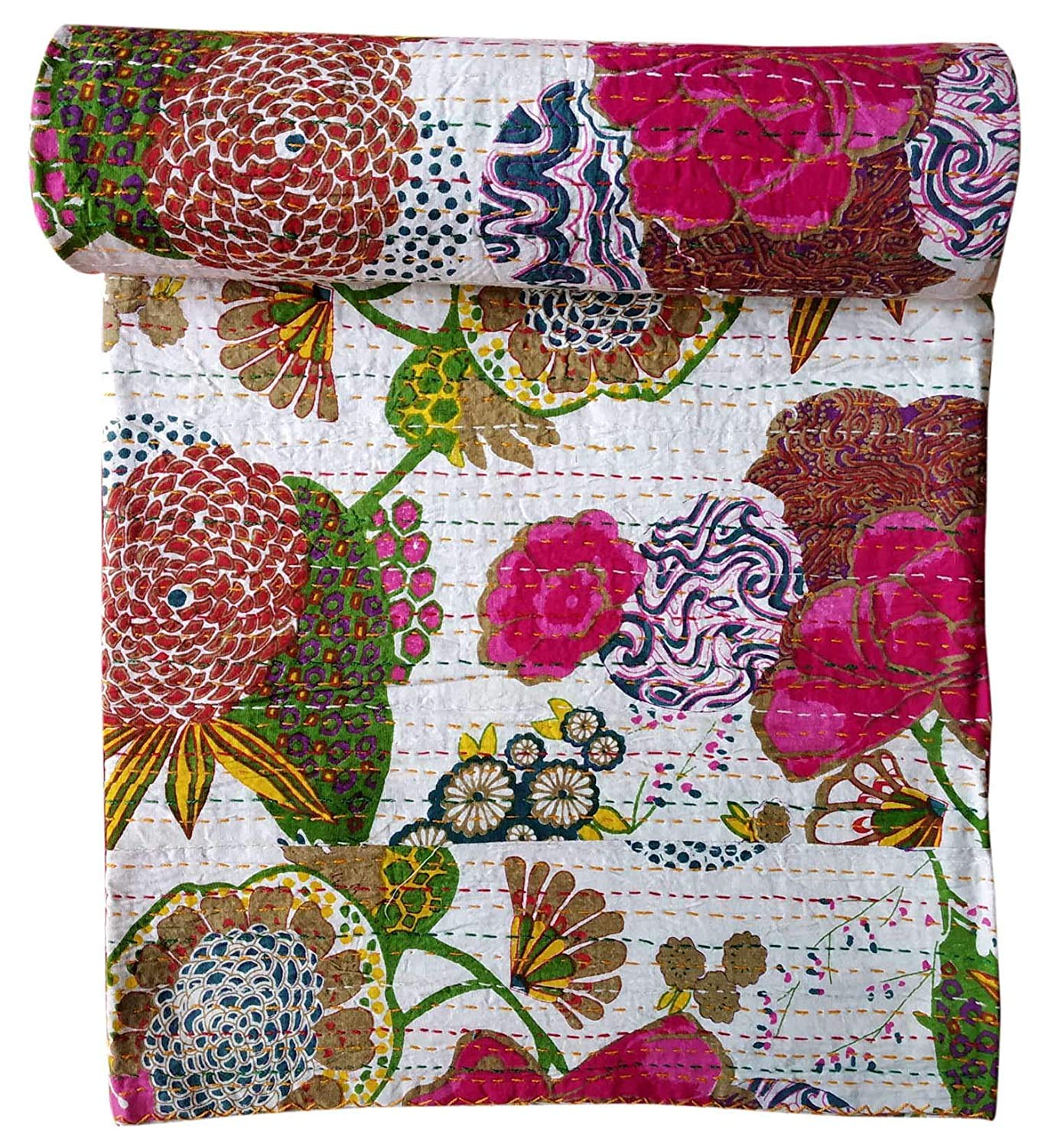 Fashion Hub Textile Work Creations Jaipuri Quilt Handmade Bed Cover Cotton Kantha Blanket Throw Home Decor Bedspread Bedsheet (M