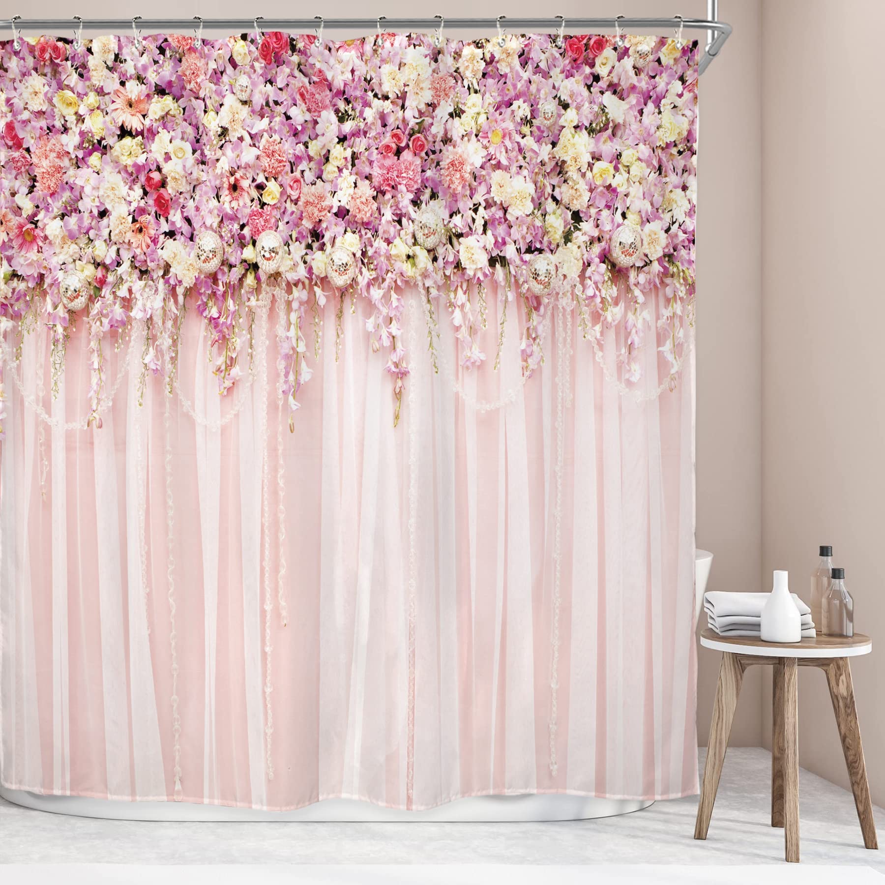 Riyidecor Pink Bridal Floral Shower Curtain for Bathroom 72Wx72H Inch Flower Rose Pattern Bath Set for Woman Girl Spring Nature Bathtub Accessories Fabric Panel Waterproof Plastic 12 Pack Hooks