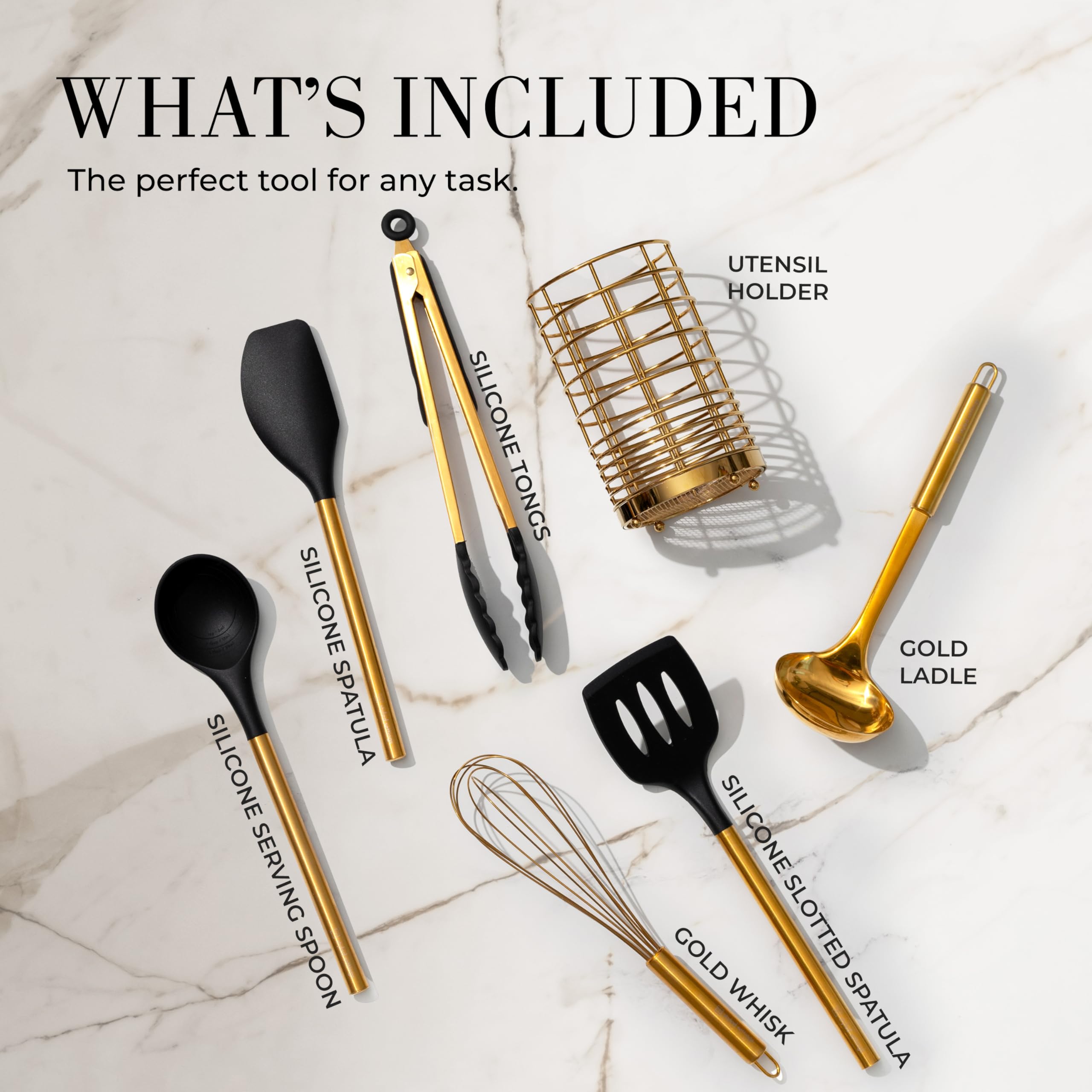 Black And Gold Kitchen Utensils Set - 7-Piece Silicone Cooking Tools With Gold Utensil Holder For Nonstick Cookware And Modern K
