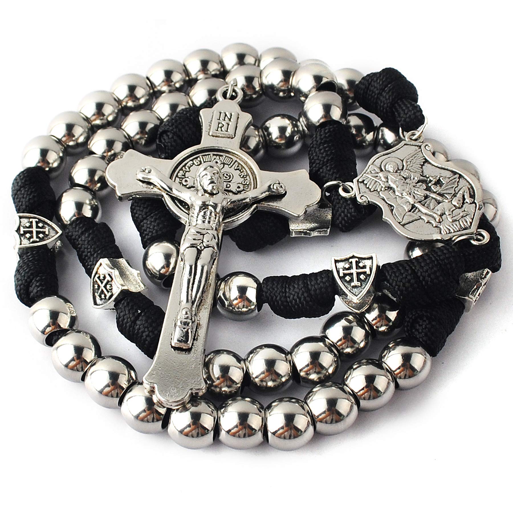 HanlinCC 10mm Stainless Steel Beads Large and Heavy Rugged Durable Paracord Rosary for Men with St.Michael Center Piece and St.B