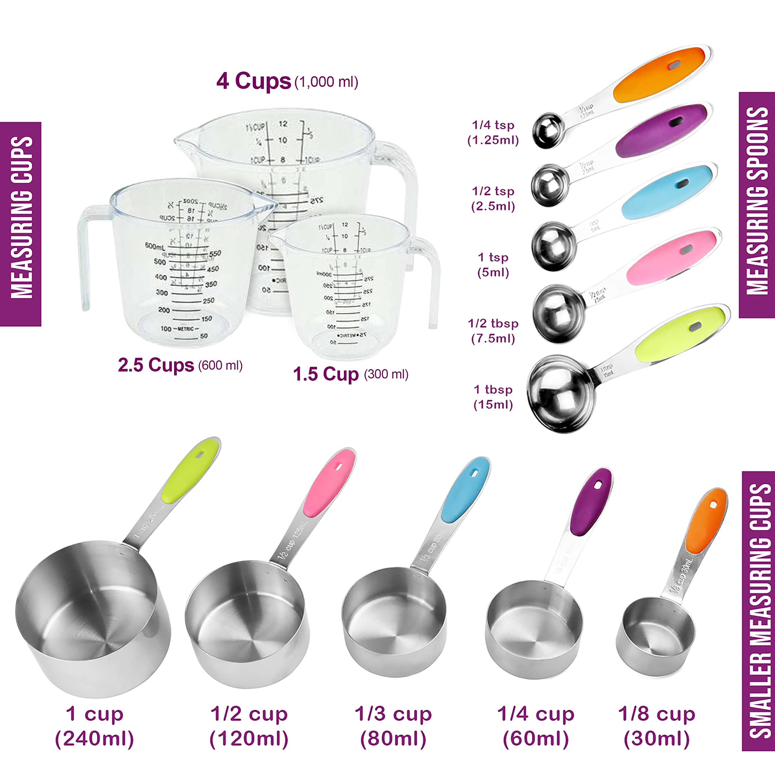 Measuring Cups and Spoons Set 13 Piece. Includes 10 Stainless Steel Measuring Spoons and Cups Set and 3 Plastic Measuring Cup. Liquid Measuring Cups Set and Dry Metal Measuring Cup Set