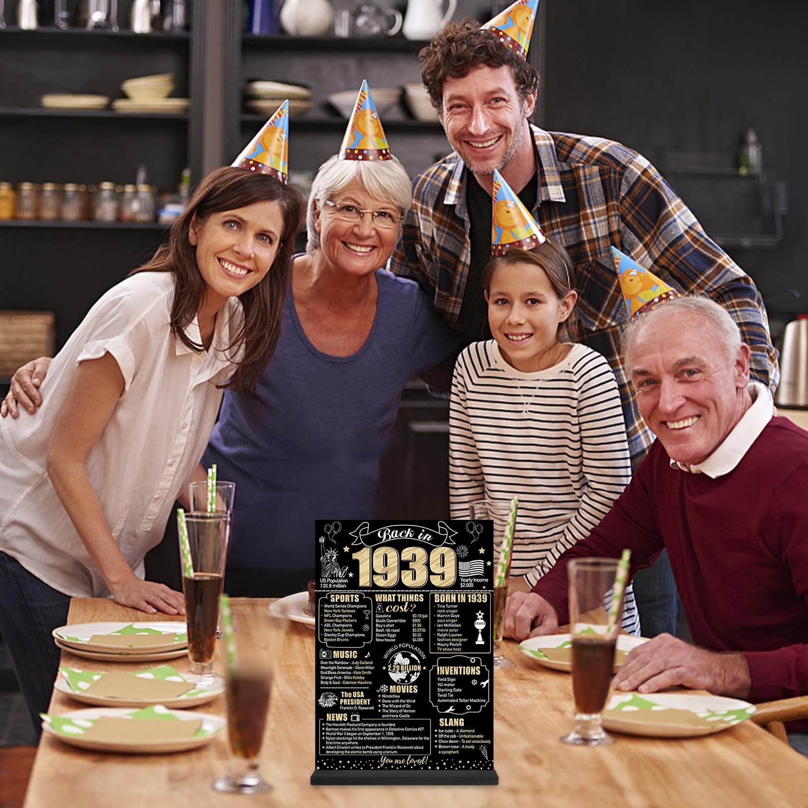 85Th Birthday Decorations Back In 1939 Table Sign For Men Women, Black Gold Happy 85 Bday Two-Sided Wooden Table Poster With Sta