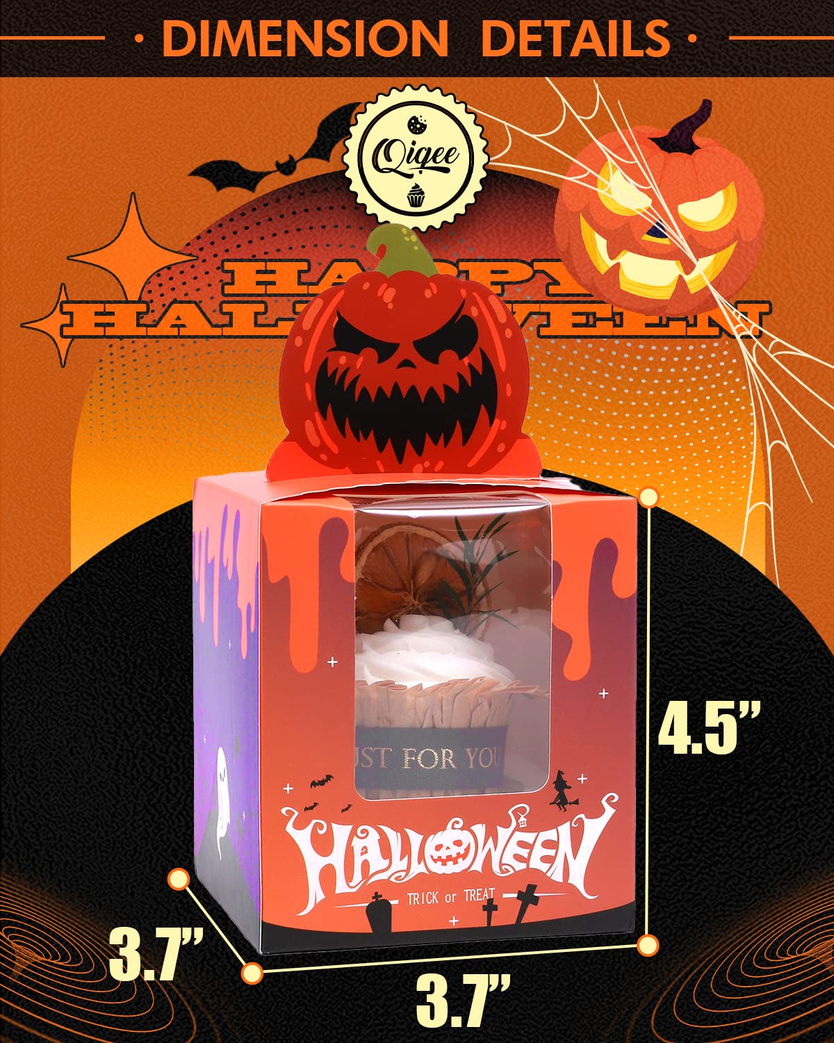 Qiqee Halloween Individual Cupcake Boxes Cupcake Holders Disposable 60Pcs Single Cupcake Boxes With Window 3.7'' 3.7''*4.5'' Cup