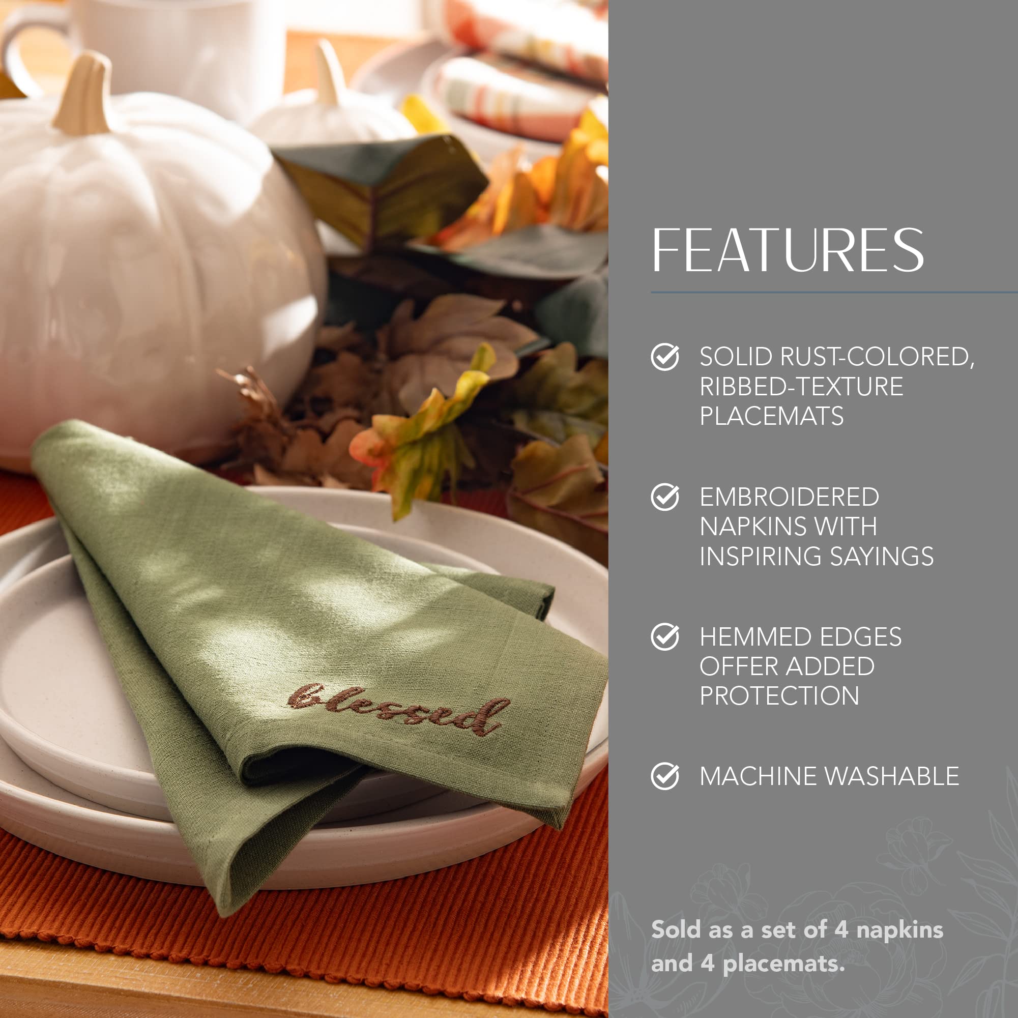 Elrene Home Fashions Harvest Sentiments Value Set, 4 Cloth Napkins And 4 Ribbed Placemats, Large, Multicolor, 8 Pieces