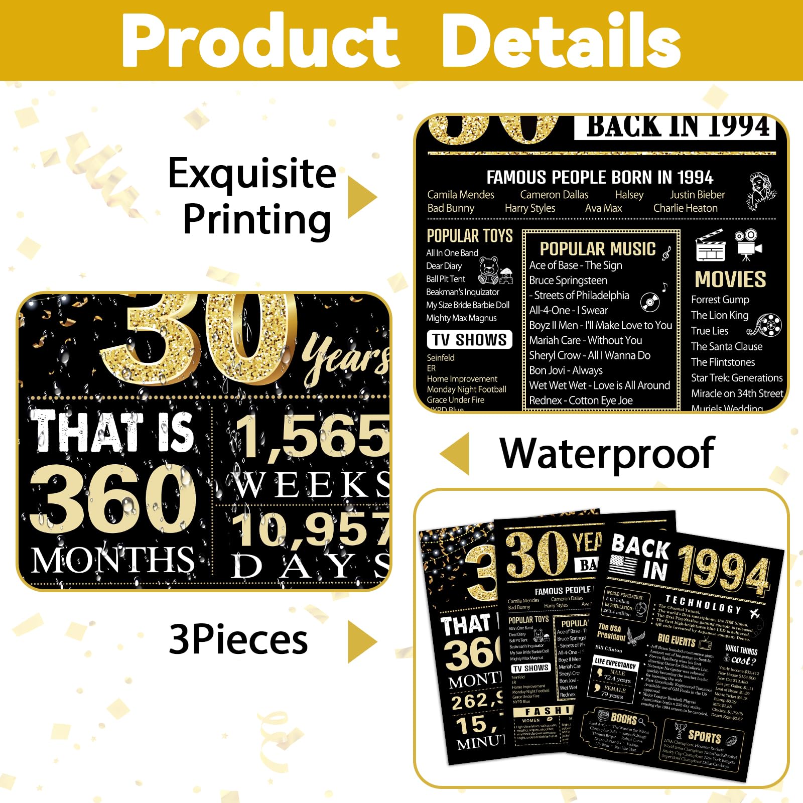 30 Years Ago 30th Birthday Wedding Anniversary Poster 3 Pieces 11 x 14 90s Party Decorations Supplies Large Sign Home Decor Black & Gold Wall Art Prints for Men and Women (Back in 1994-30 Years)