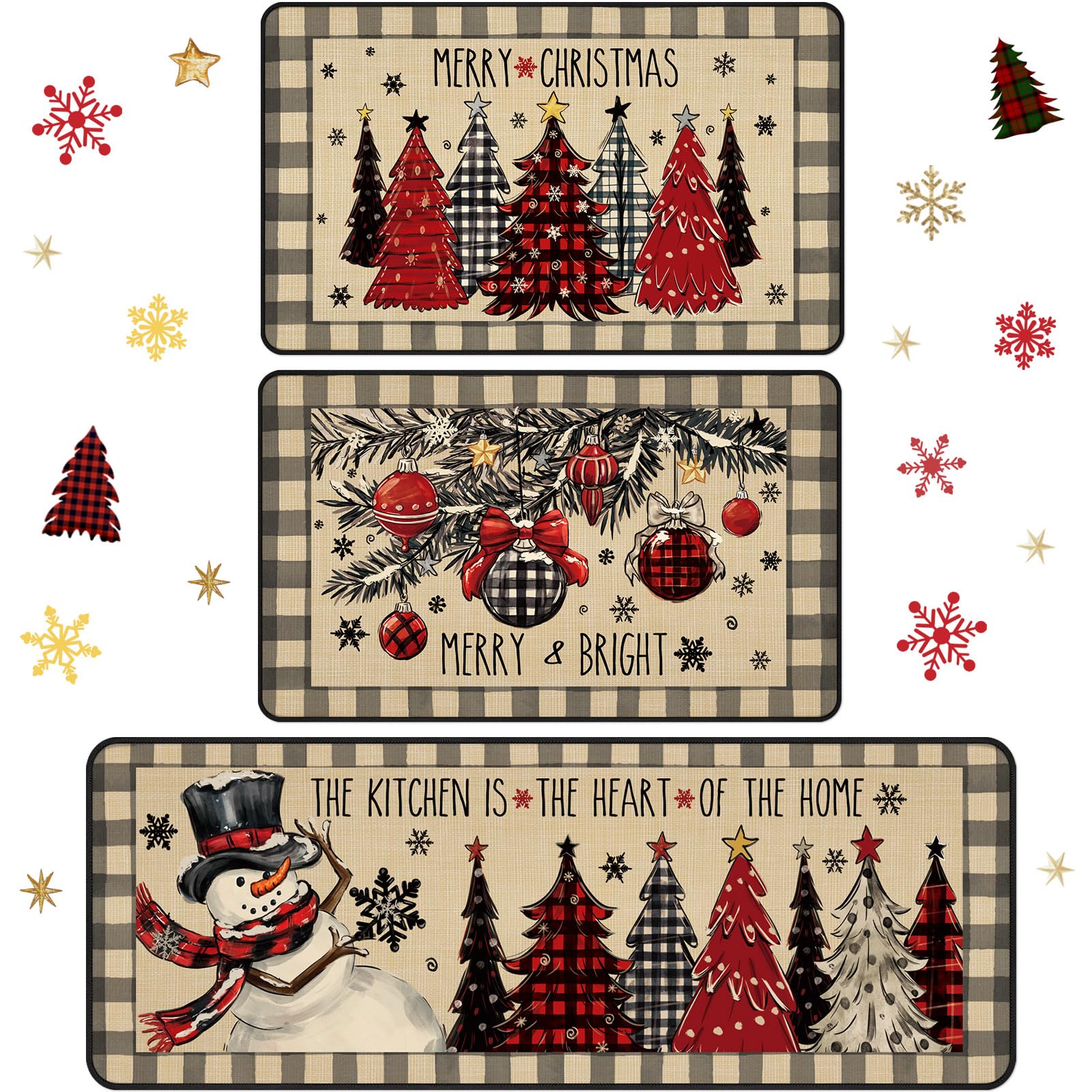Drydiet 3 Pcs Christmas Kitchen Rug and Mat Set Washable Buffalo Plaid Xmas Tree Kitchen Floor Mats Non Slip Farmhouse Merry Chr