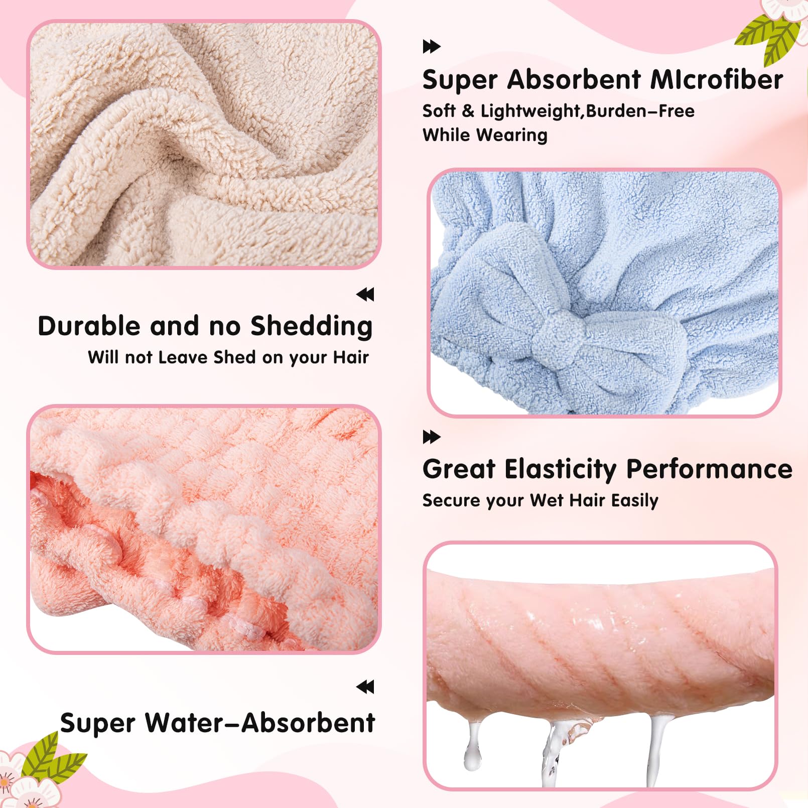 IJRPLM 4 Pack Microfiber Hair Towel Cap,Super Absorbent Hair Towel Wrap Drying Hair Cap,Soft Microfiber Hair Drying Towel Cap wi