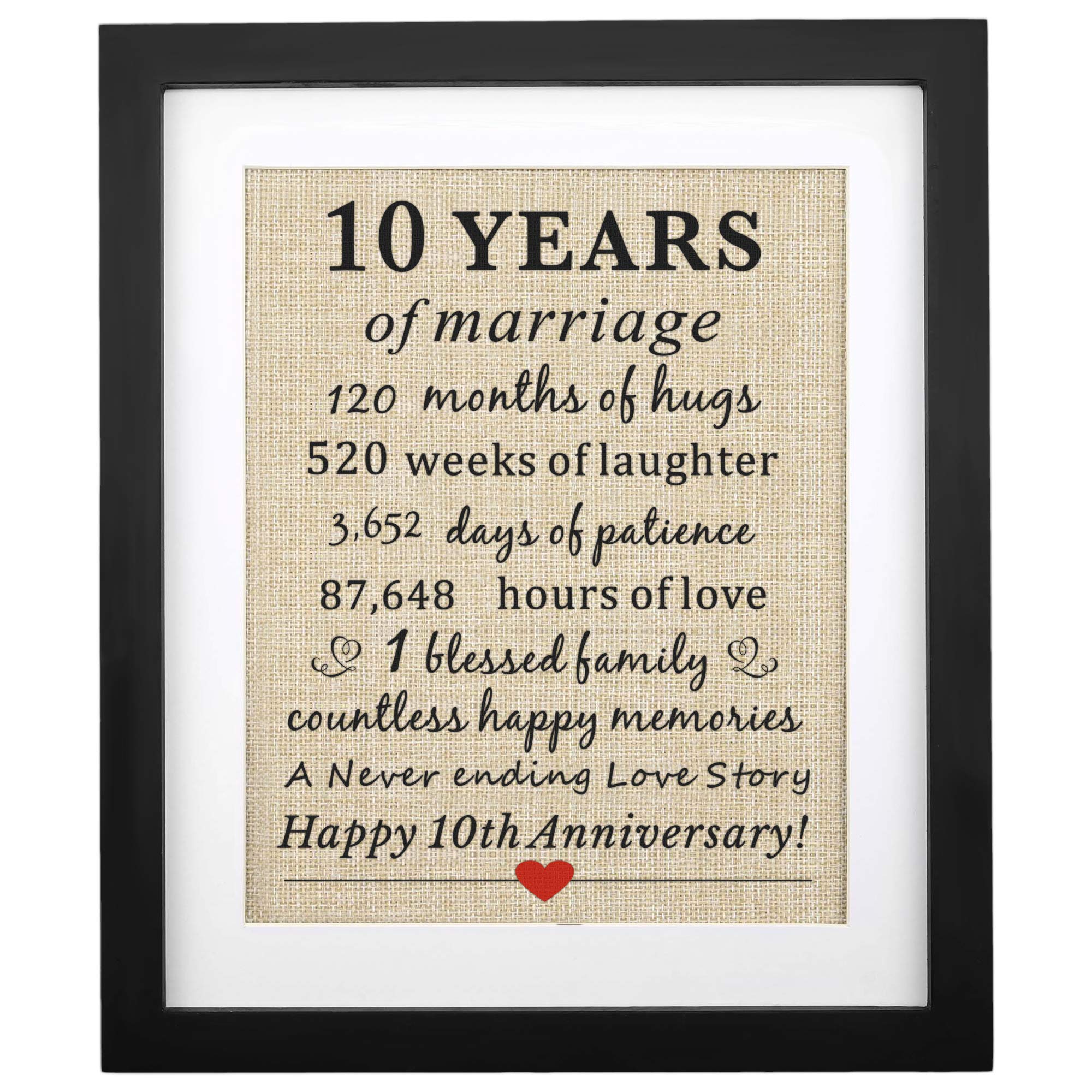 Corfara Framed 10Th Wedding Anniversary Burlap Gift 11'' W X 13'' H, Couples 10Th Anniversary 10 Years Of Marriage Gift For Wife