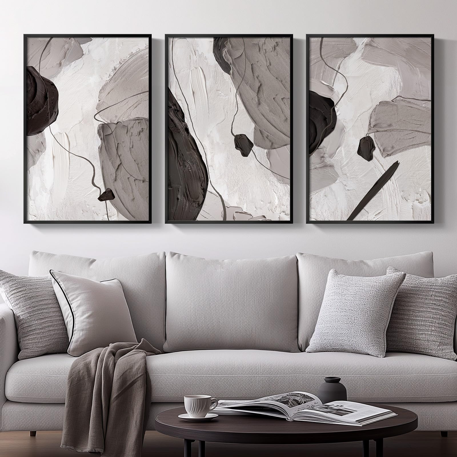 Large Framed Black And White Gray Abstract Canvas Wall Art, Set Of 3 Piece Contemporary Paintings Artwork For Walls, Modern Mini