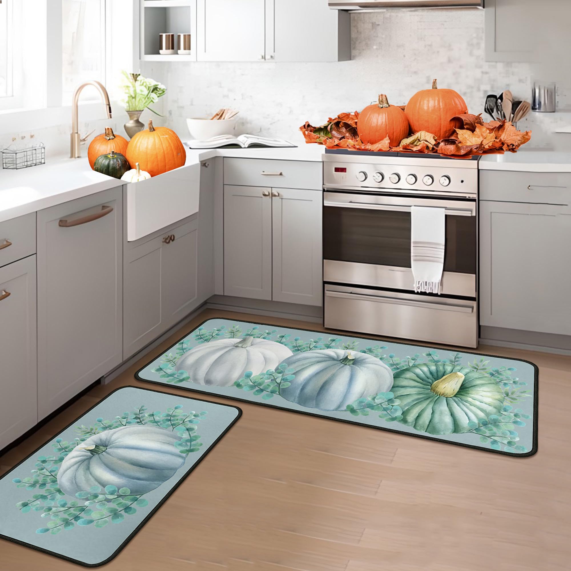 Blue Pumpkin Decorative Fall Kitchen Rugs Set of 2, Autumn Harvest Pumpkin Thanksgiving Front Door Mat Floor Rug for Fall Home H