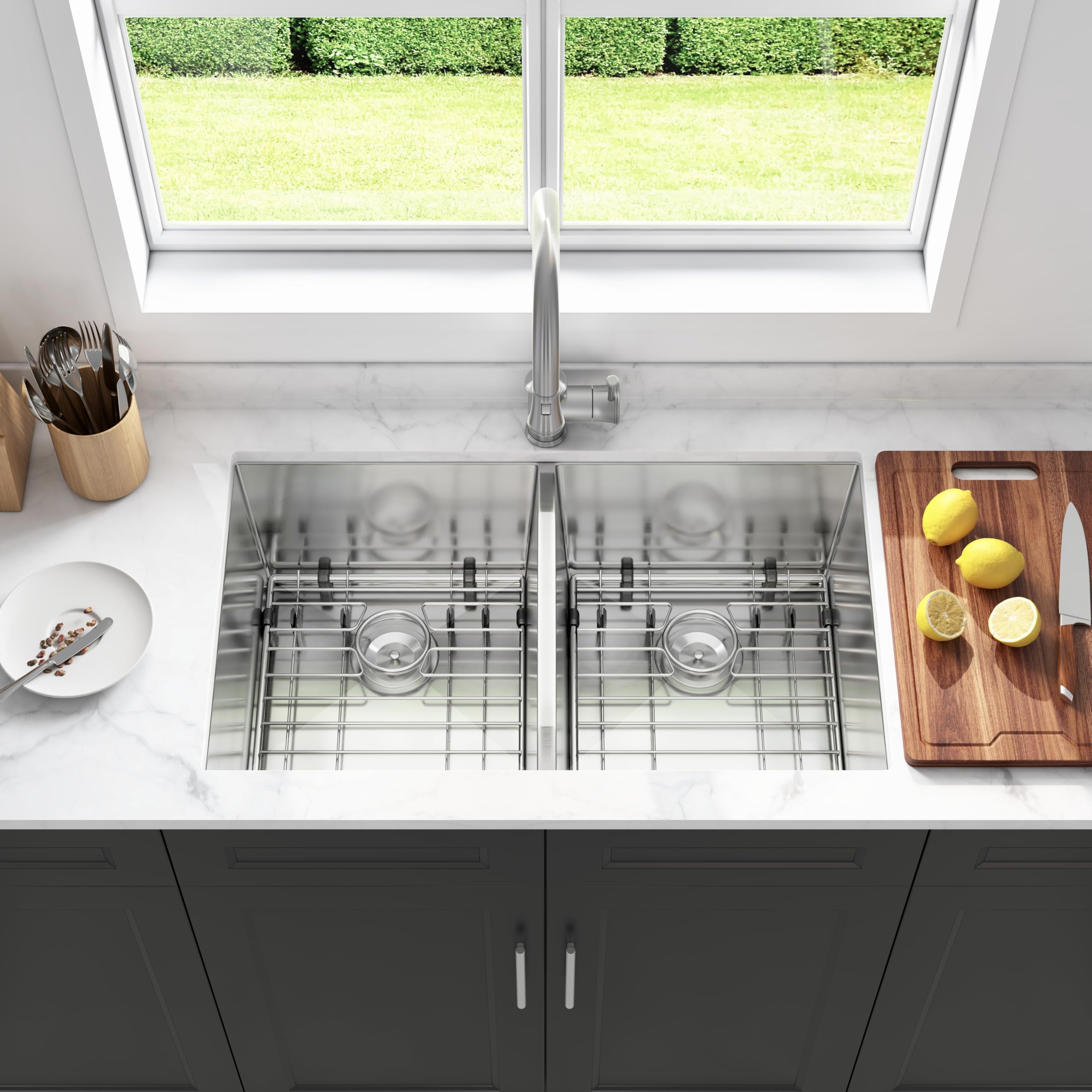 Joviprime 32 Inch 50/50 Double Bowl Kitchen Sink Undermount 16 Gauge 304 Stainless Steel Rectangular Spacious Double Bowl Sinks