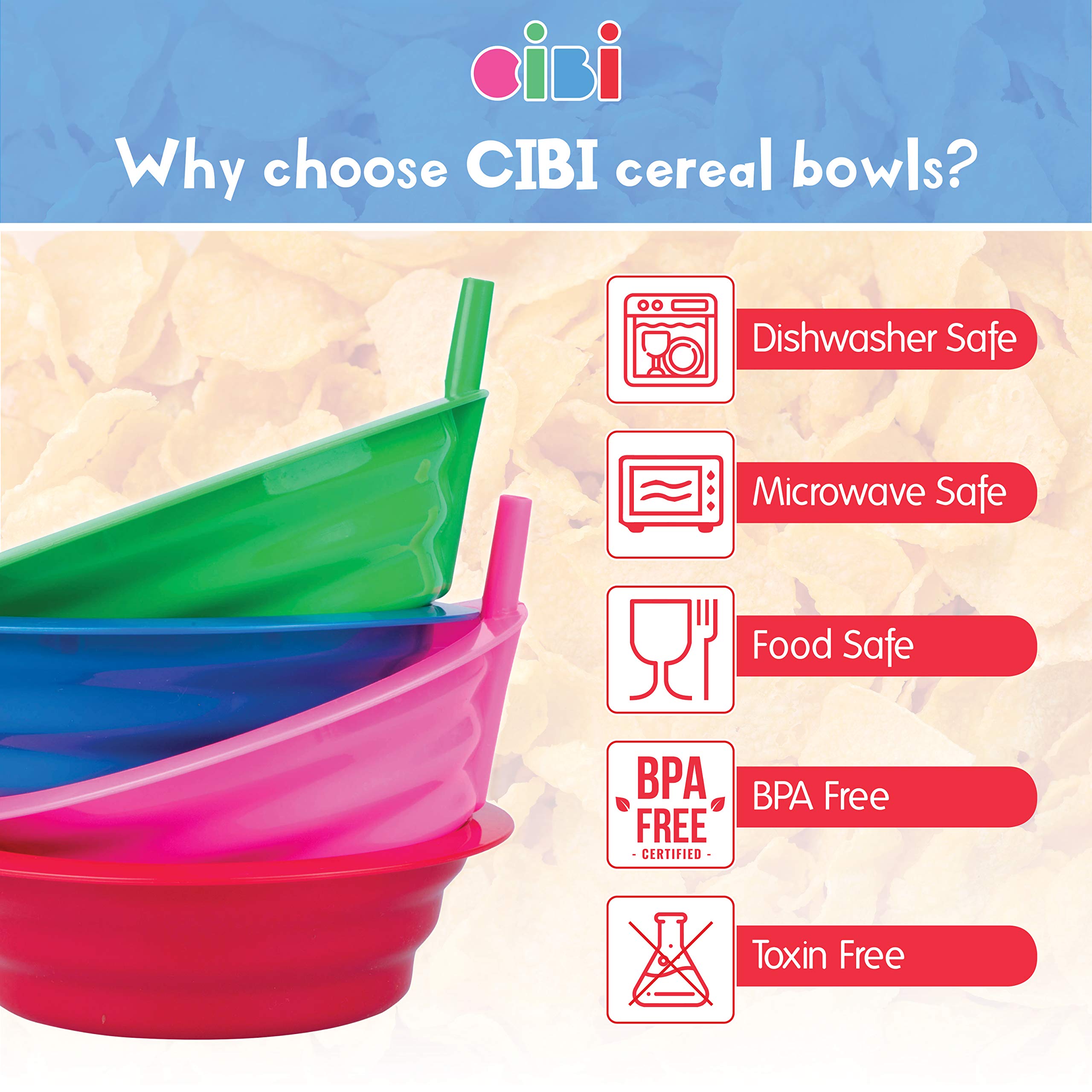 Cibi Kitchens Set Of 4 Cereal Bowls With Straws | Bpa-Free 22 Ounce Sip-A-Bowl | Microwaveable And Dishwasher Safe Toddler Bowl
