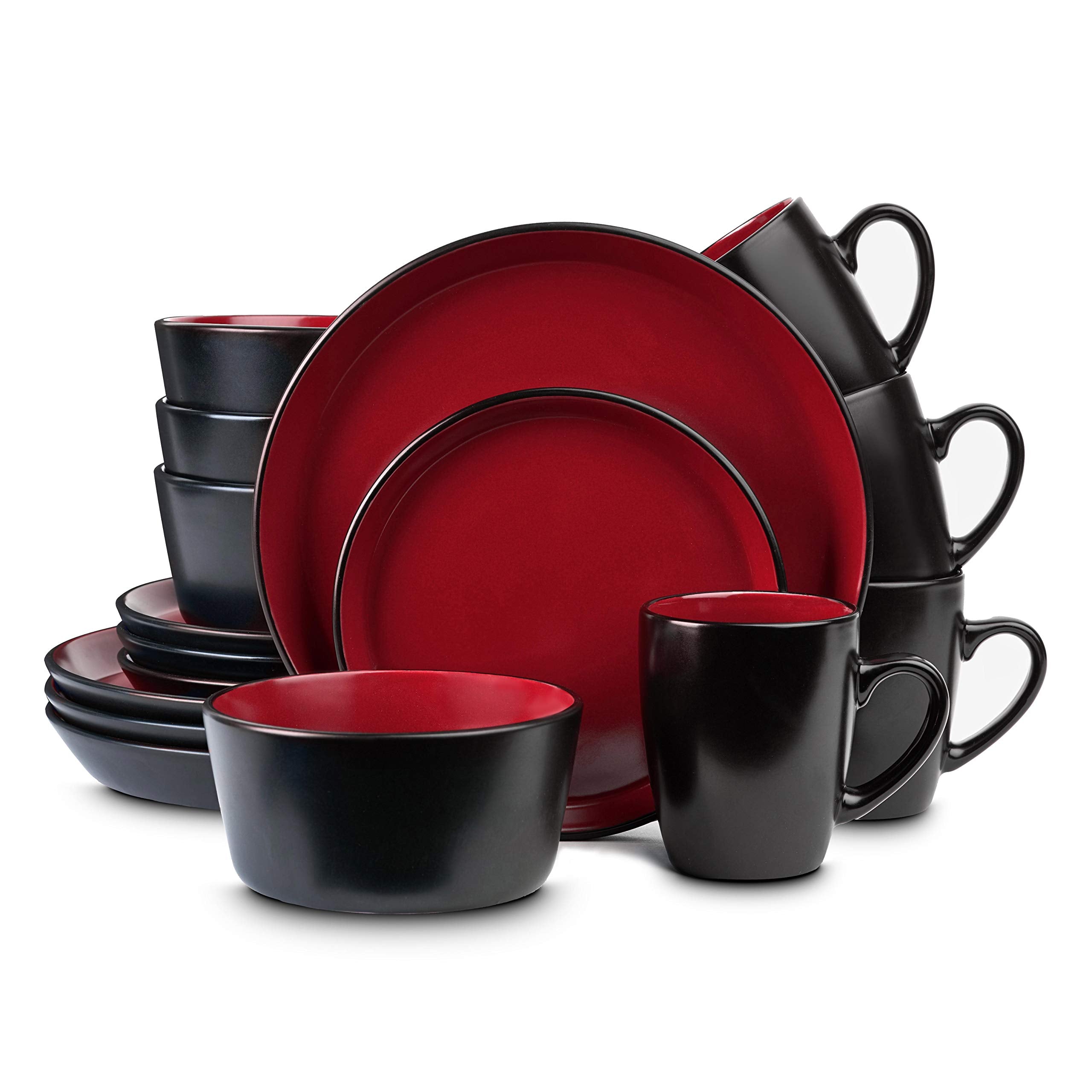 Stone Lain Albie Stoneware 16Piece Modern Dinnerware Set, Kitchen Plates and Bowls Sets, Dish Set for 4, Red and Black