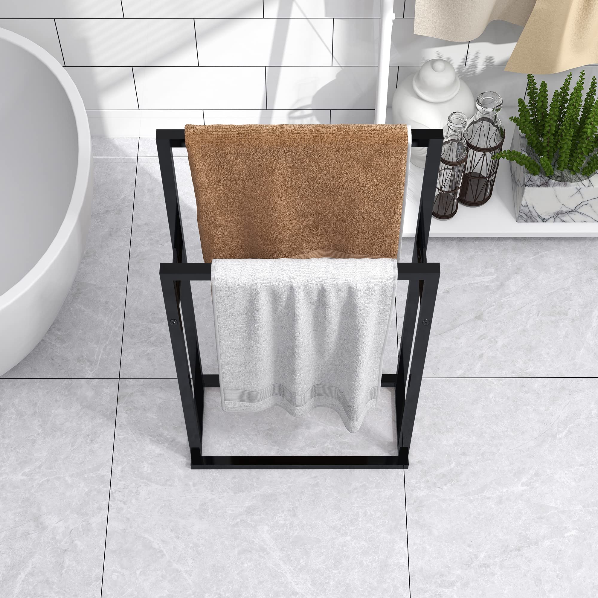 Bofeng 2-Tier Freestanding Black Towel Rack Steel Metal Towel Bar Holder,Modern 2 Bars Ladder Rust-Resistant Drying Rails,Bathro