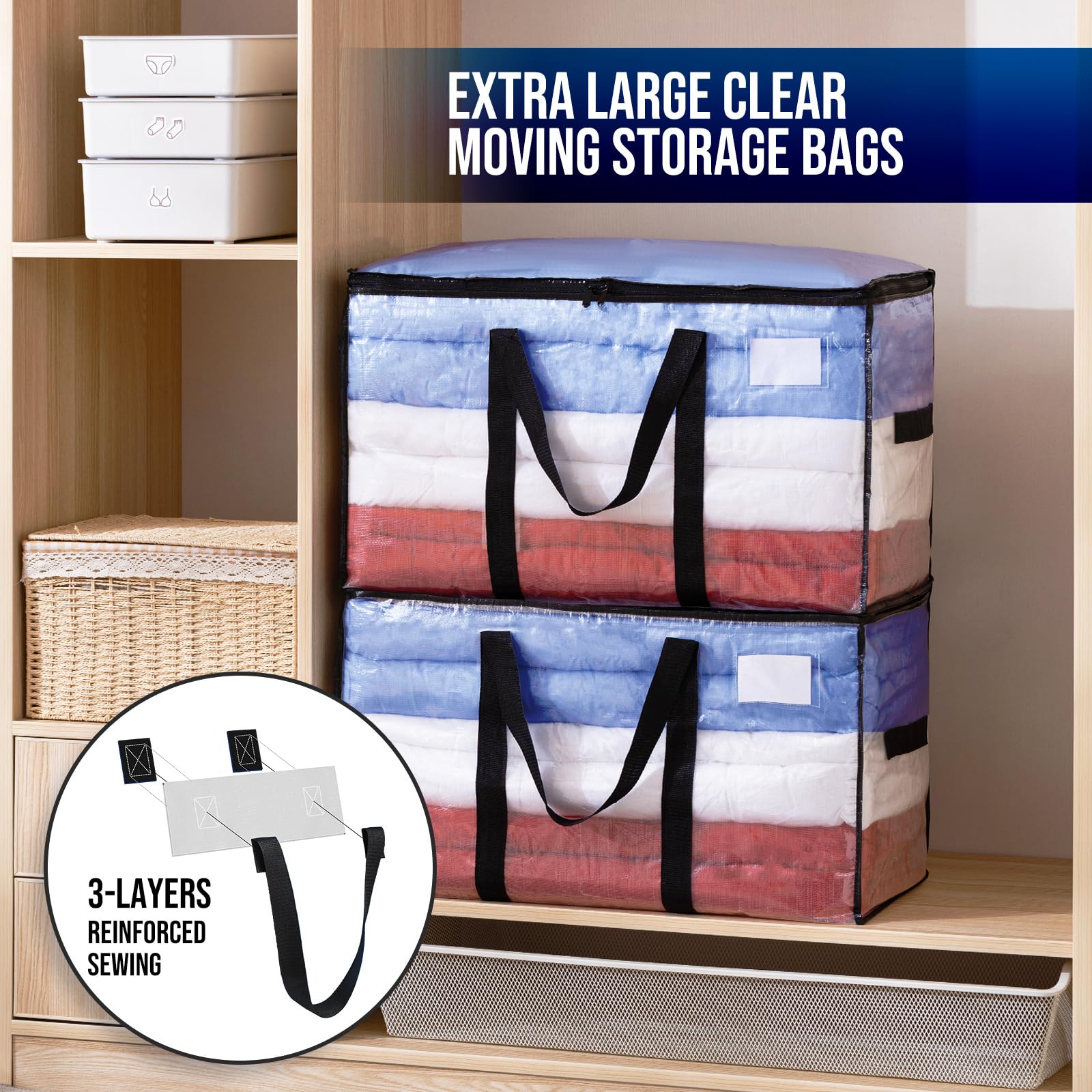 Taili Extra Large Moving Bags, 4 Pack Clear Heavy Duty Totes For Storage, Wrap Around Handles, Storage Bags For Space Saving Mov