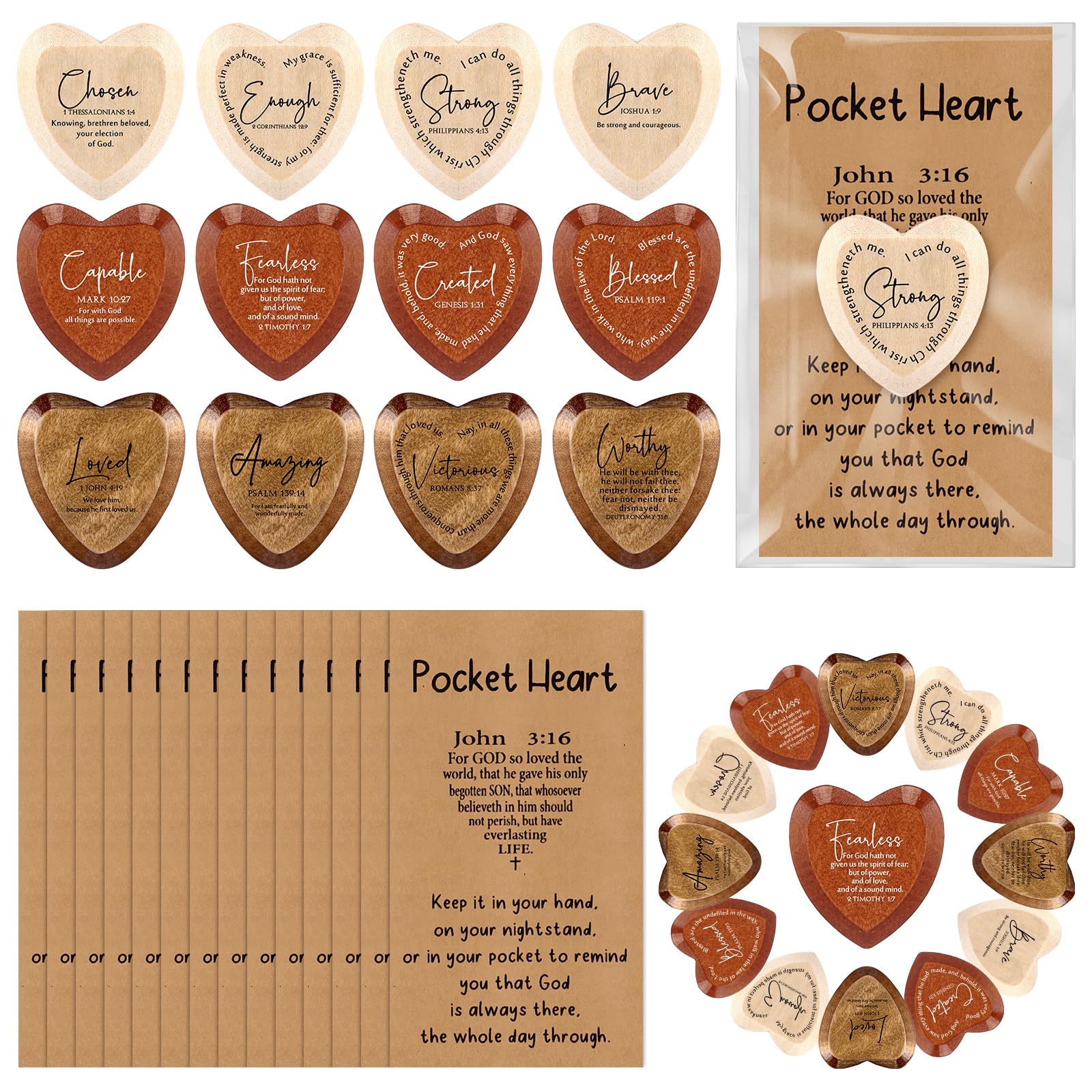 Yalikop 24 Set Inspirational Christian Party Favors Bulk Wood Religious Pocket Heart Thanksgiving Christian Gifts John 3: 16 Car
