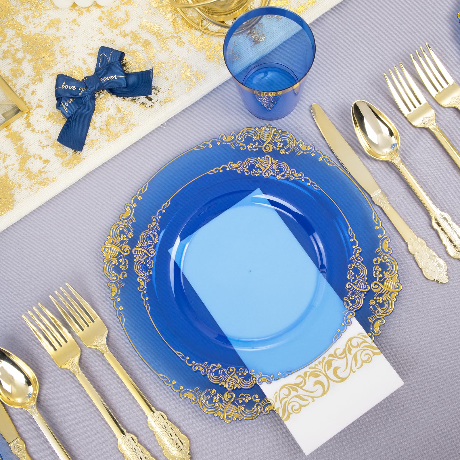 Nervure 350Pcs Blue Plastic Plates - Blue Plastic Dinnerware Sets For 50 Guests - 100 Blue Disposable Plates, 150 Gold Plastic S