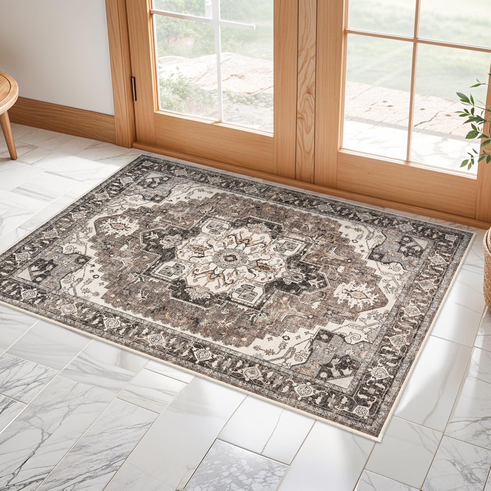 Washable Living Room Runner Rug - 2x3 Little Bedroom Rug Distressed Oriental Non-Slip Non-Shedding Print Floor Carpet for Dining