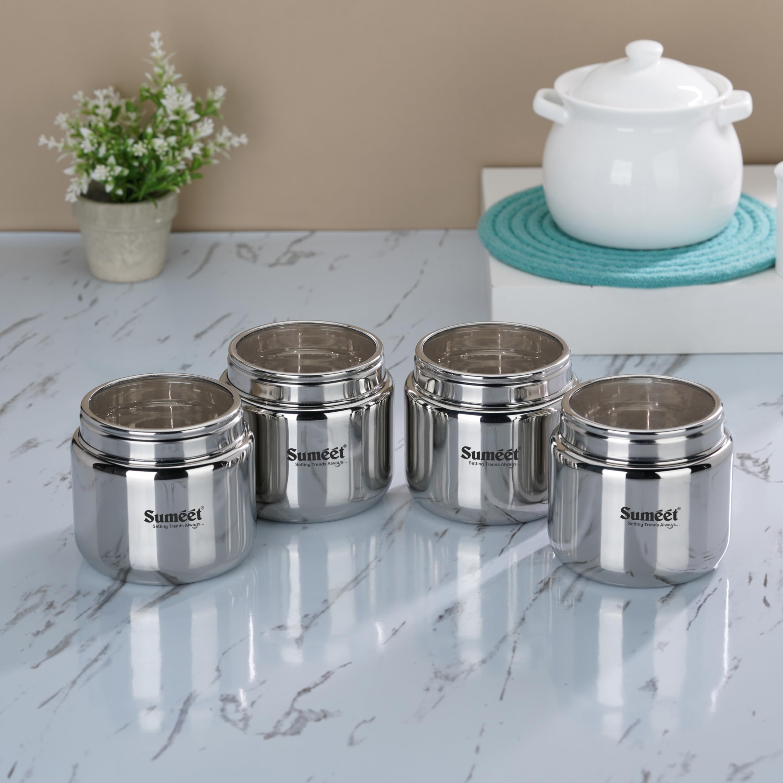 Sumeet Stainless Steel Small Canisters/Dabba/Storage Containers For Kitchen With See Through Lid, Set Of 4 Pcs, 400Ml Each, 9Cm 
