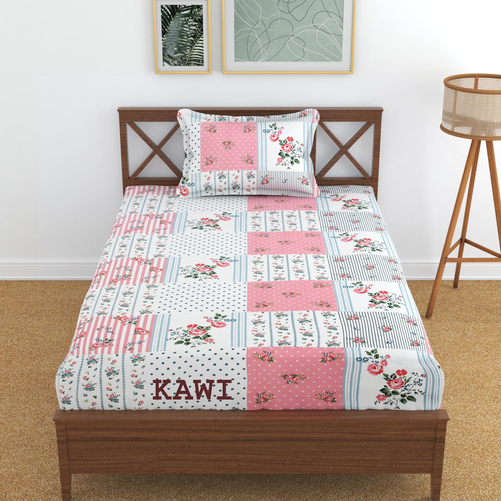 Kawi Single Floral Bedsheet Elastic Fitted Glace Cotton With 1 Pillow Cover(72X 48Xup To 8 Inche Mattress)-White Pink Colour,Sma