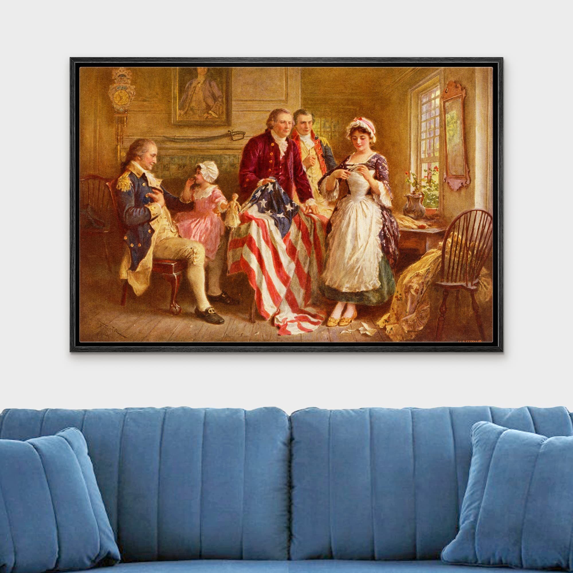 Wall26 - Betsy Ross 1777 By Jean Leon Gerome Ferris - Framed Canvas Print Wall Art Famous Painting Reproduction - 24''X36'' Blac