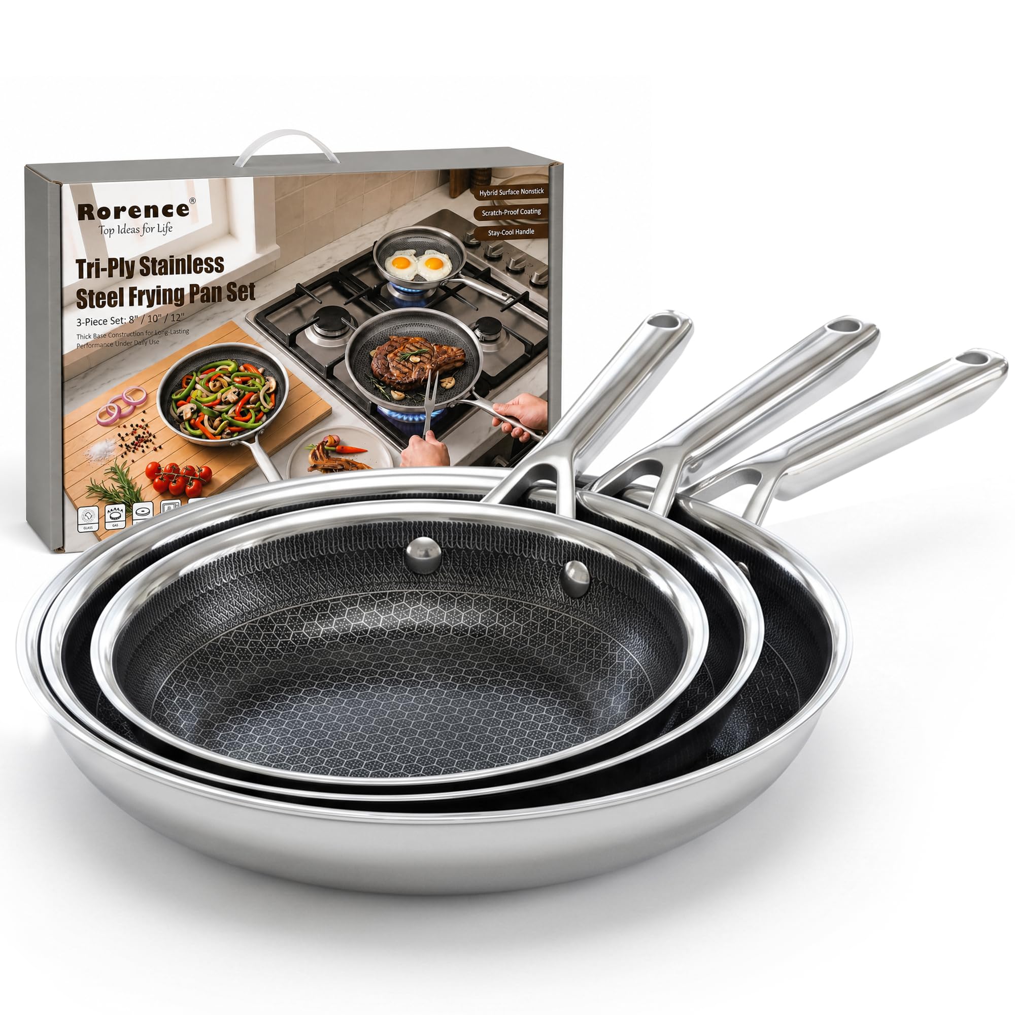Rorence Non Stick Frying Pan Set, 8/10/12 TriPly Stainless Steel Skillets