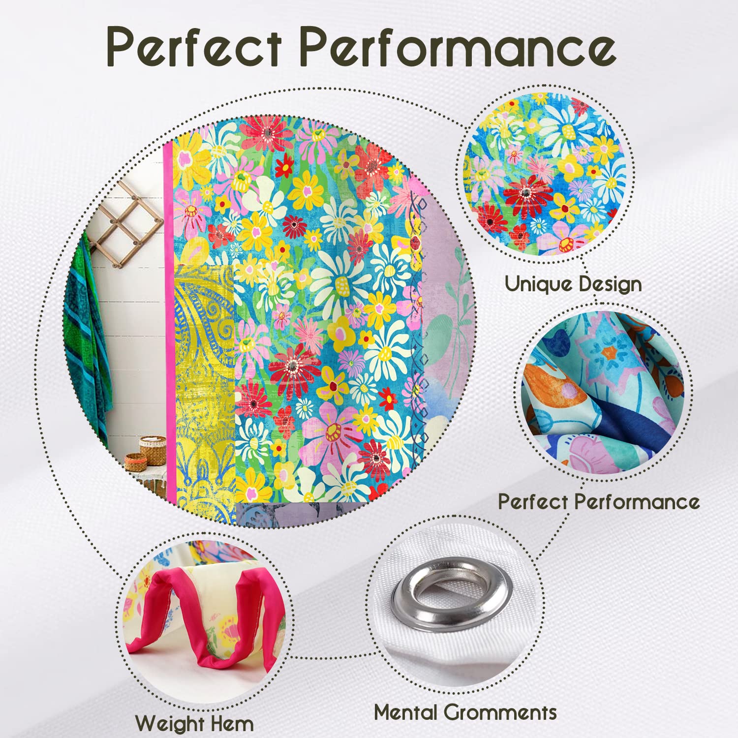 Boho Floral Shower Curtain For Bathroom,Patchwork Bohemian Retro Blue Colorful Flower Shower Curtain With Hooks,Polyester Fabric