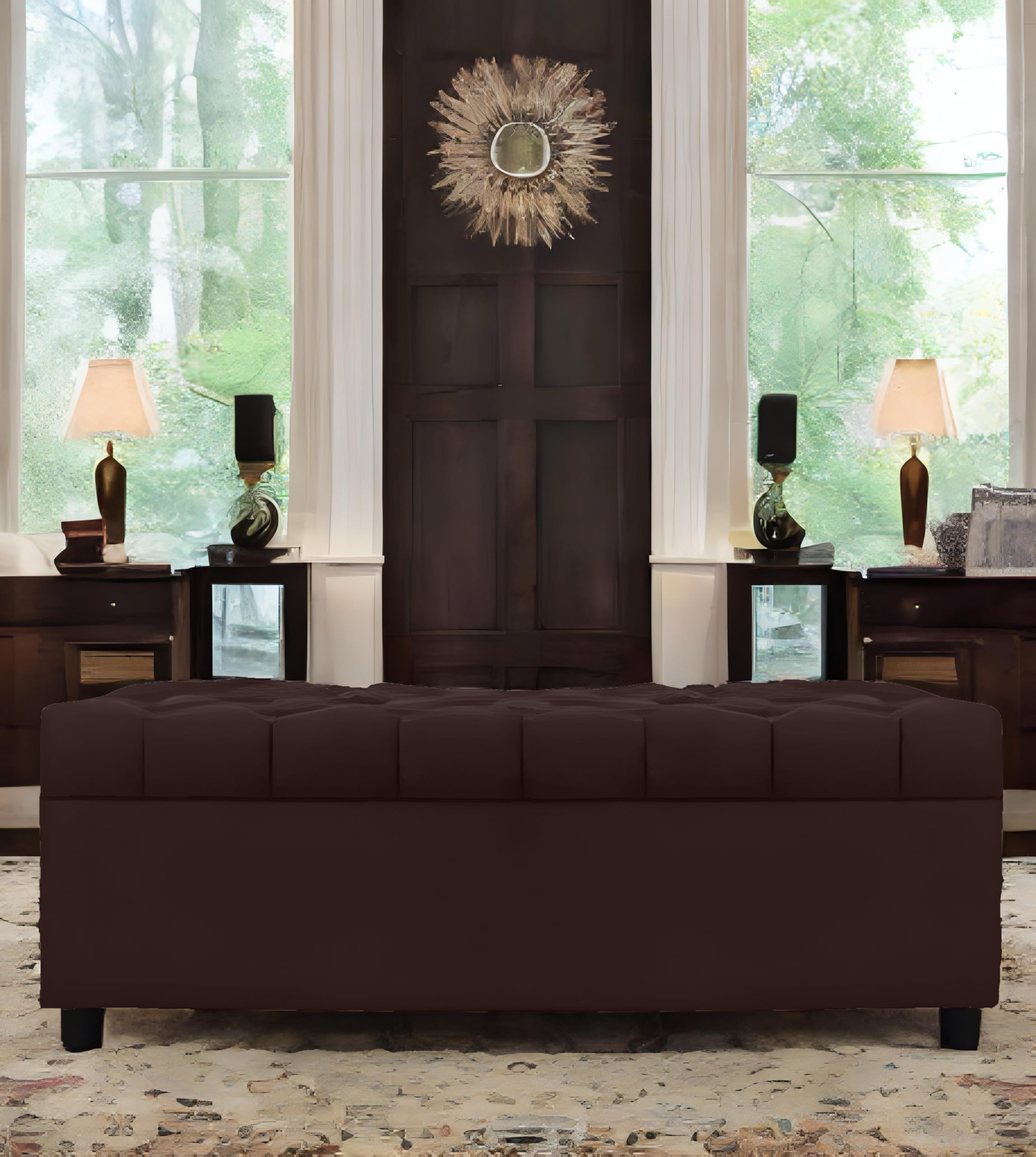 Amata Eagle Solid Wood 2 Seater Ottoman/Poffe Brown Suede Velvet Fabric Perfect For Home Living Office Room And Guests (Brown 3,