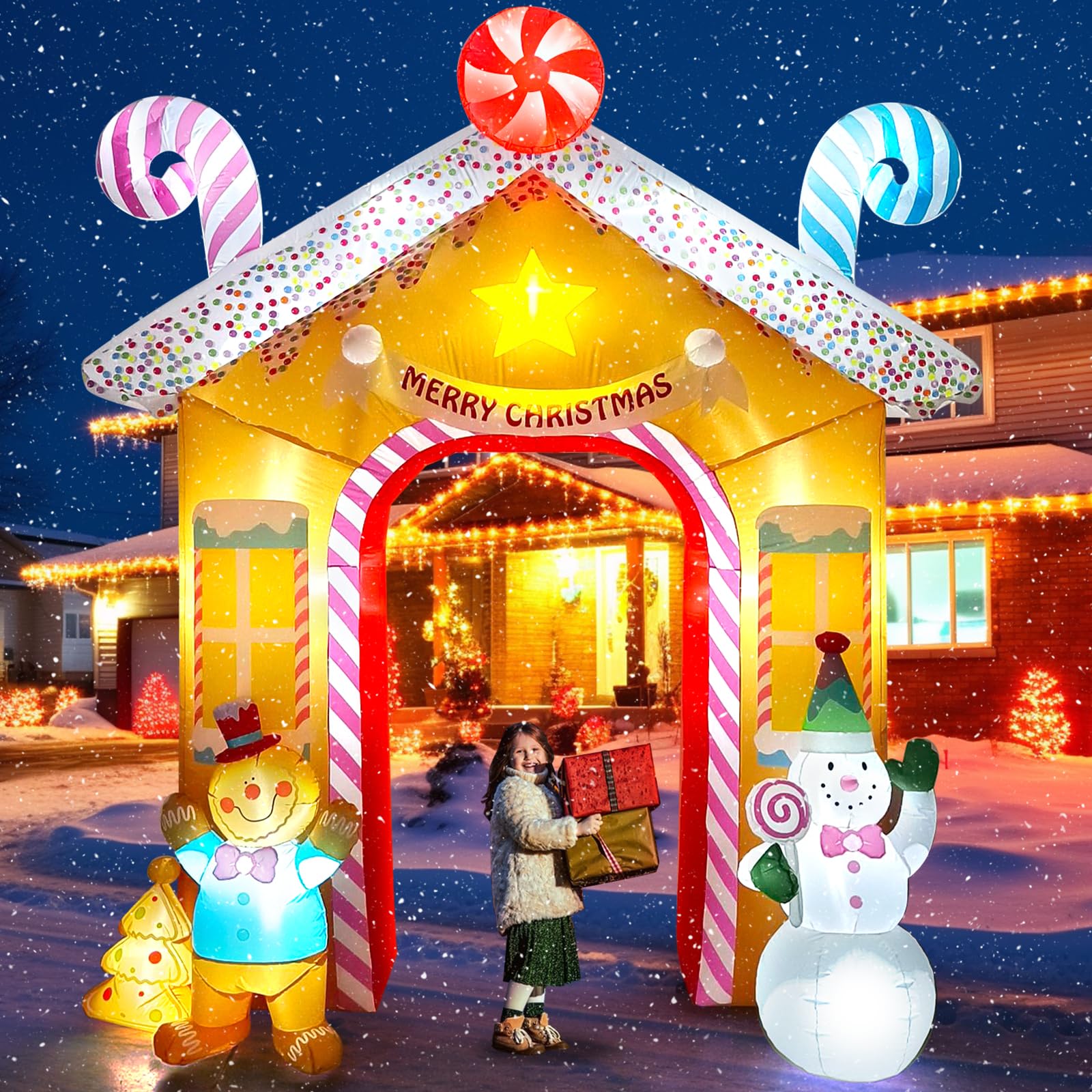 Lanstics 10FT Christmas Inflatables Arch for Outdoor Decoration, Xmas Gingerbread Man Snowman Blow Up Yard Decorations with Buil