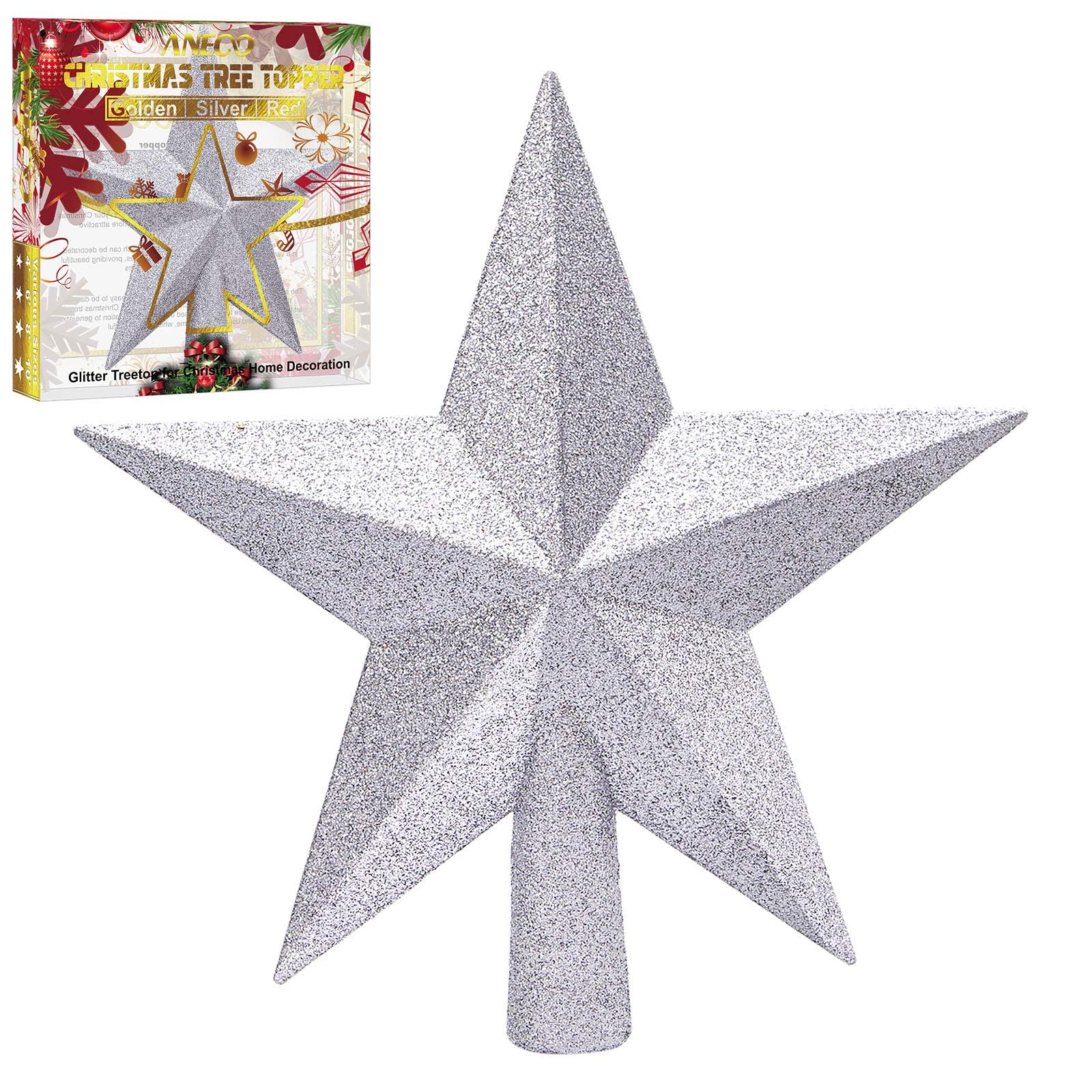 Aneco Glitter Silver Christmas Tree Topper 6 Inch Shatter-Proof Christmas Tree Decoration Treetop for Holiday Ornament or Home D