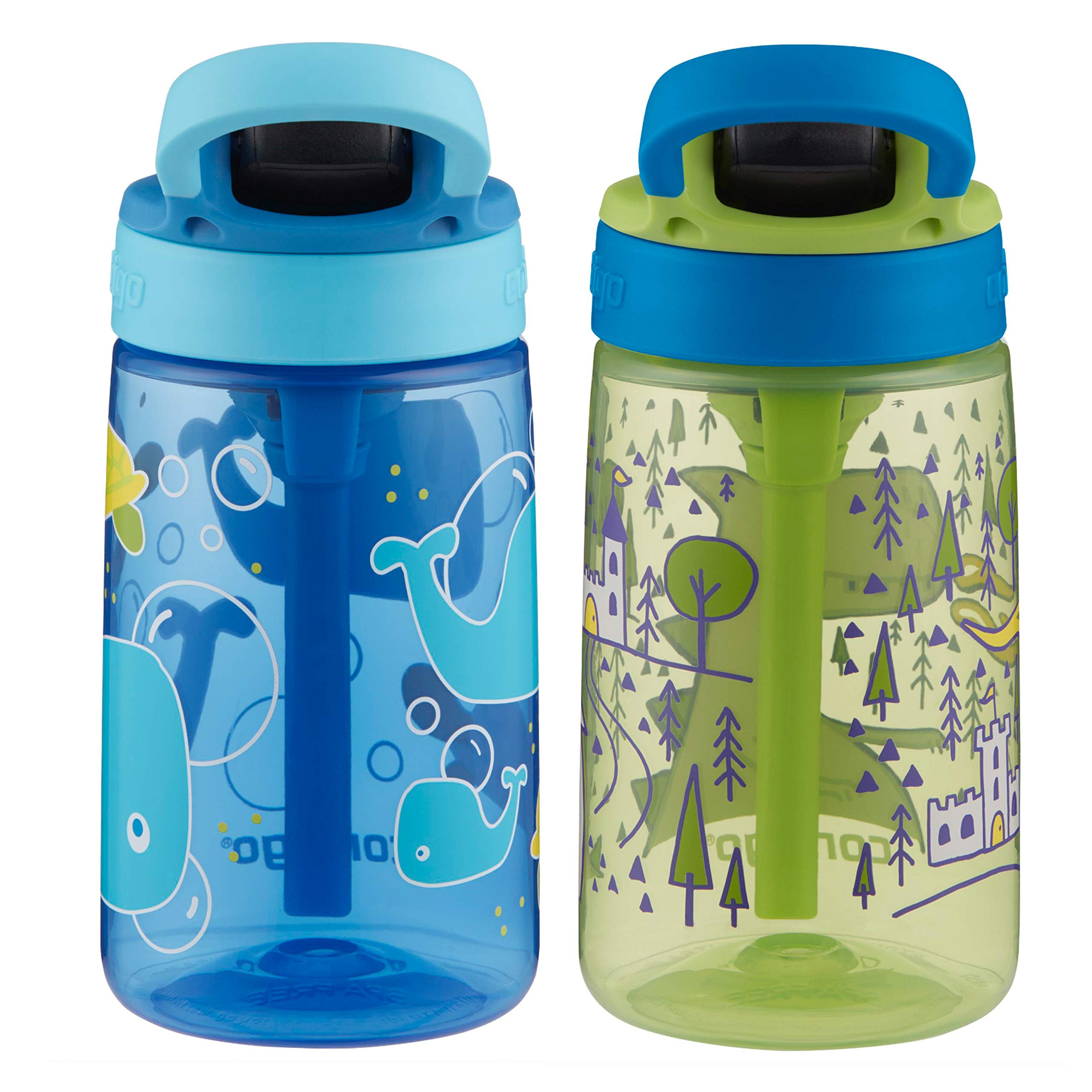 Contigo Aubrey Kids Water Bottle with Silicone Straw and Spill Proof Lid, 14oz, 2-Pack, Whales & Dragon, Blue & Green
