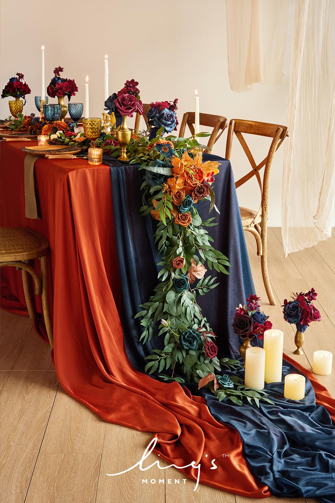 Ling 'S Moment 14Ft Navy Blue Sheer Chiffon Like Table Runner With Silver Sparkle For Rustic Boho Wedding Party Bridal Shower De