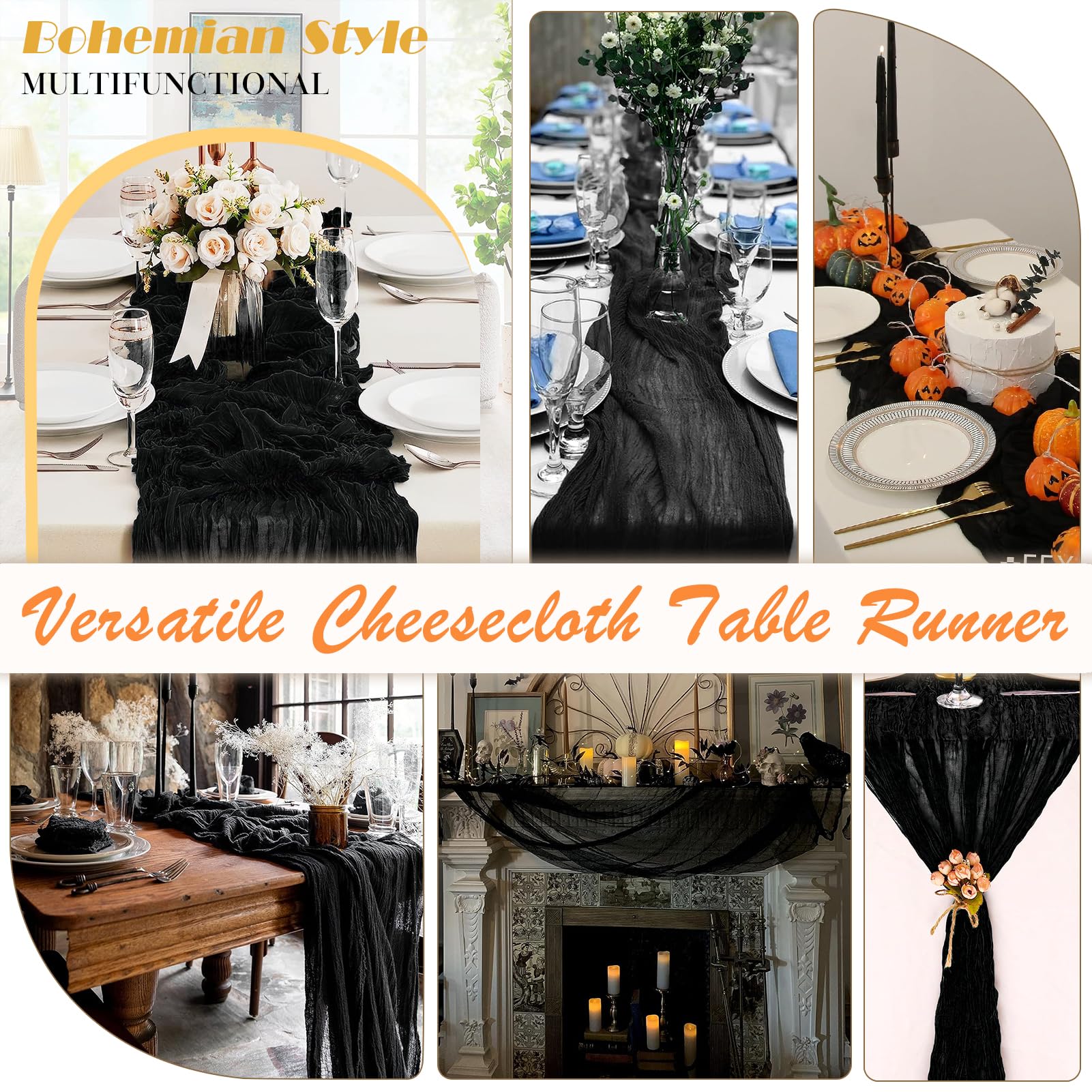 Waligoy Black Cheesecloth Table Runner 2 Pack 35'' Boho Gauze Table Runner 120 Inches Long Table Runner Rustic Sheer Fabric Bulk