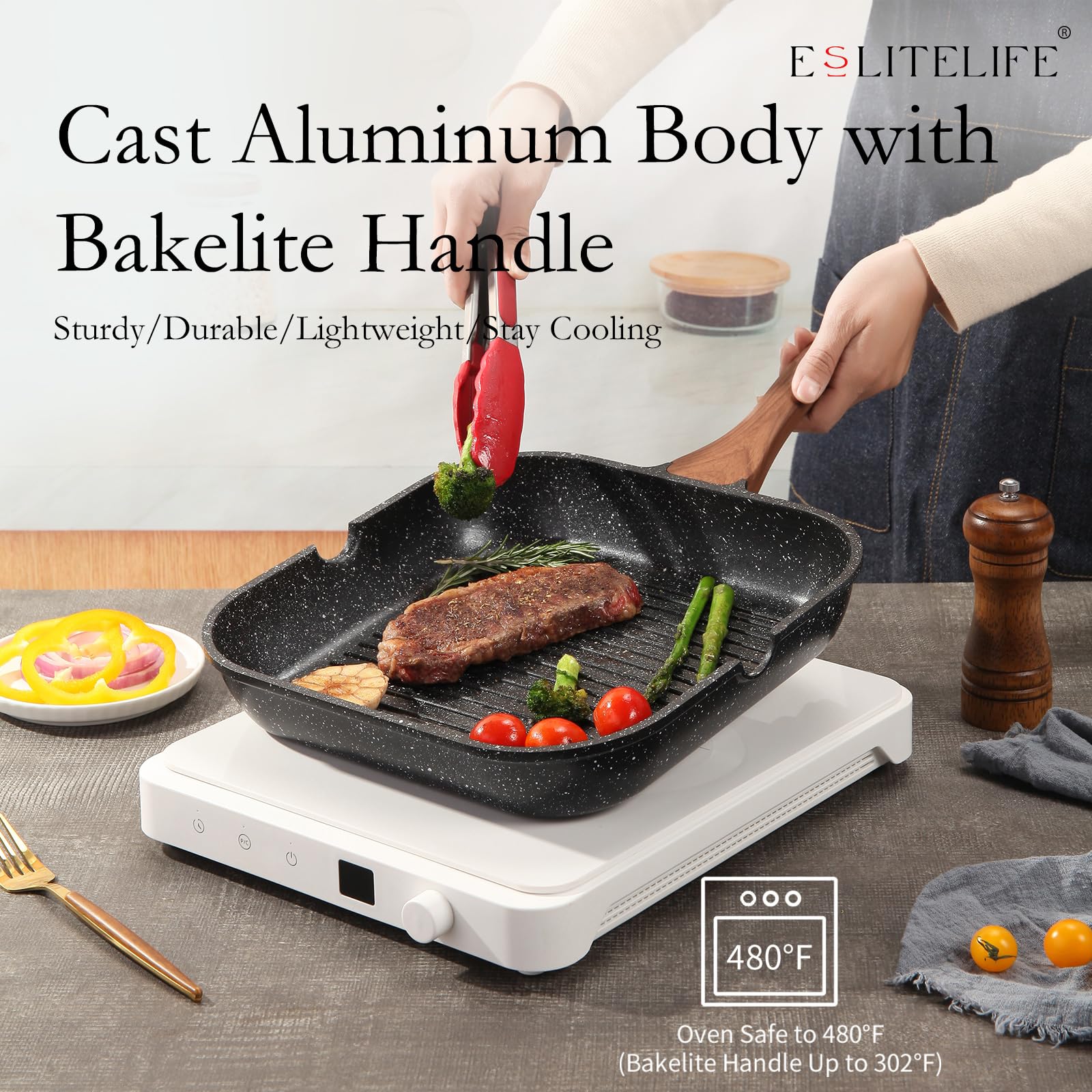 Eslite Life Nonstick Grill Pan For Stove Tops, Versatile Square Big Grill Skillet Steak Pan For Indoor Cooking & Outdoor Grillin