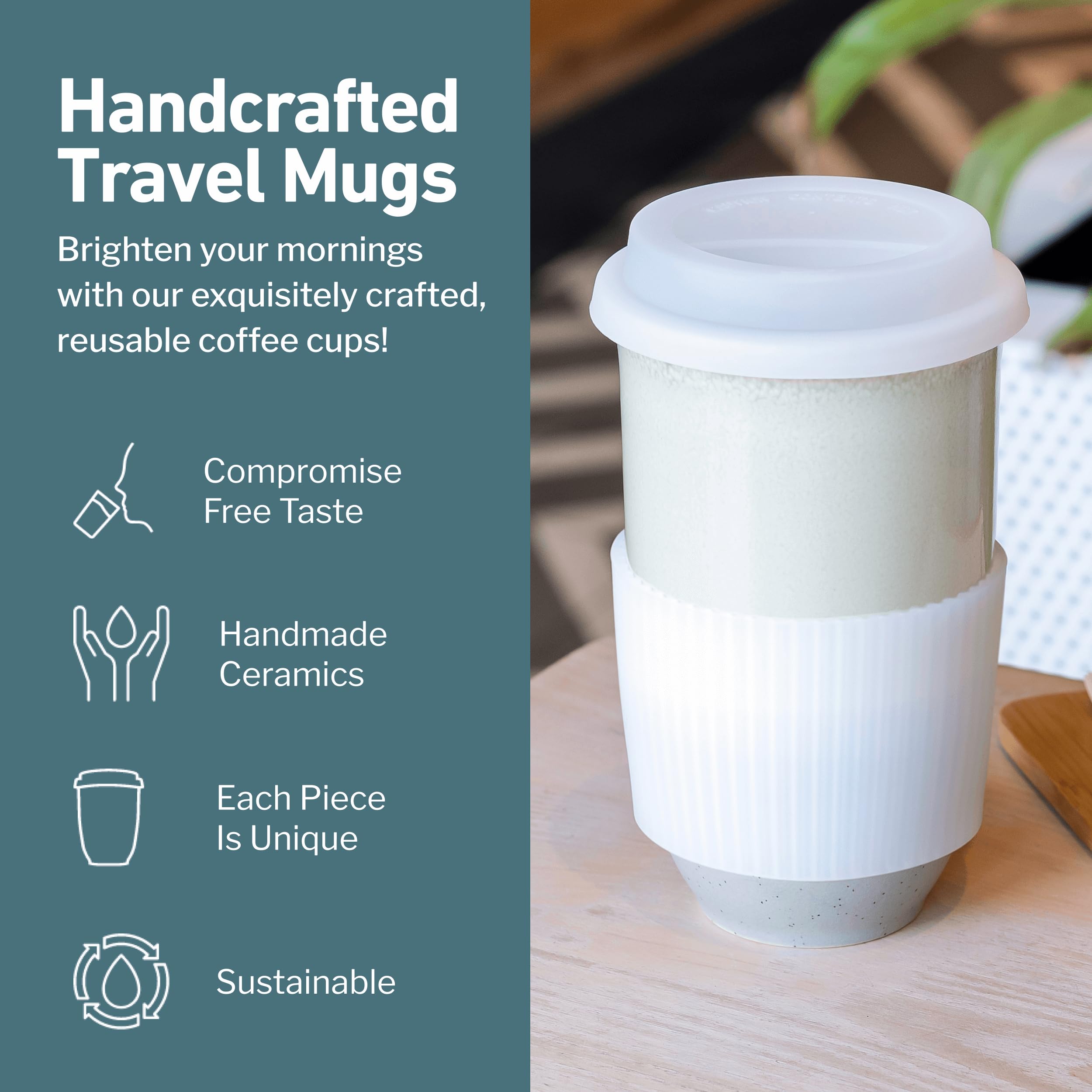 NOVA CERAMICS Travel Mug - Ceramic Coffee Mug With Lid - Microwave & Dishwasher Safe Coffee White & Grey Tumbler - Gifts For Wom