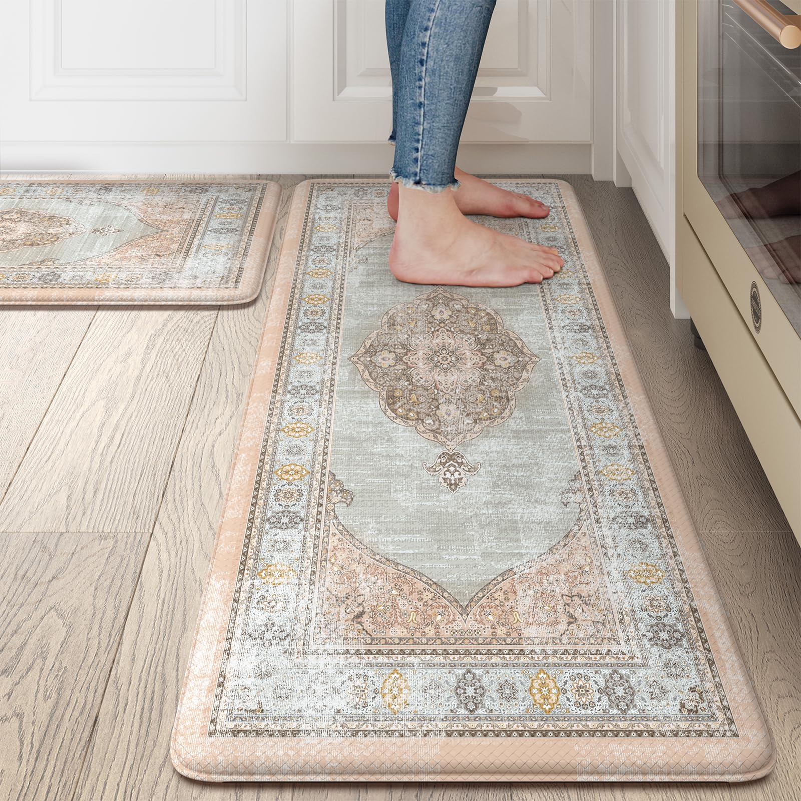 Collive Boho Kitchen Mat 2PCS Cushioned Kitchen Mats for Floor, Anti-Fatigue Mat Waterproof Kitchen Rug Set of 2 Non-Skid Comfor