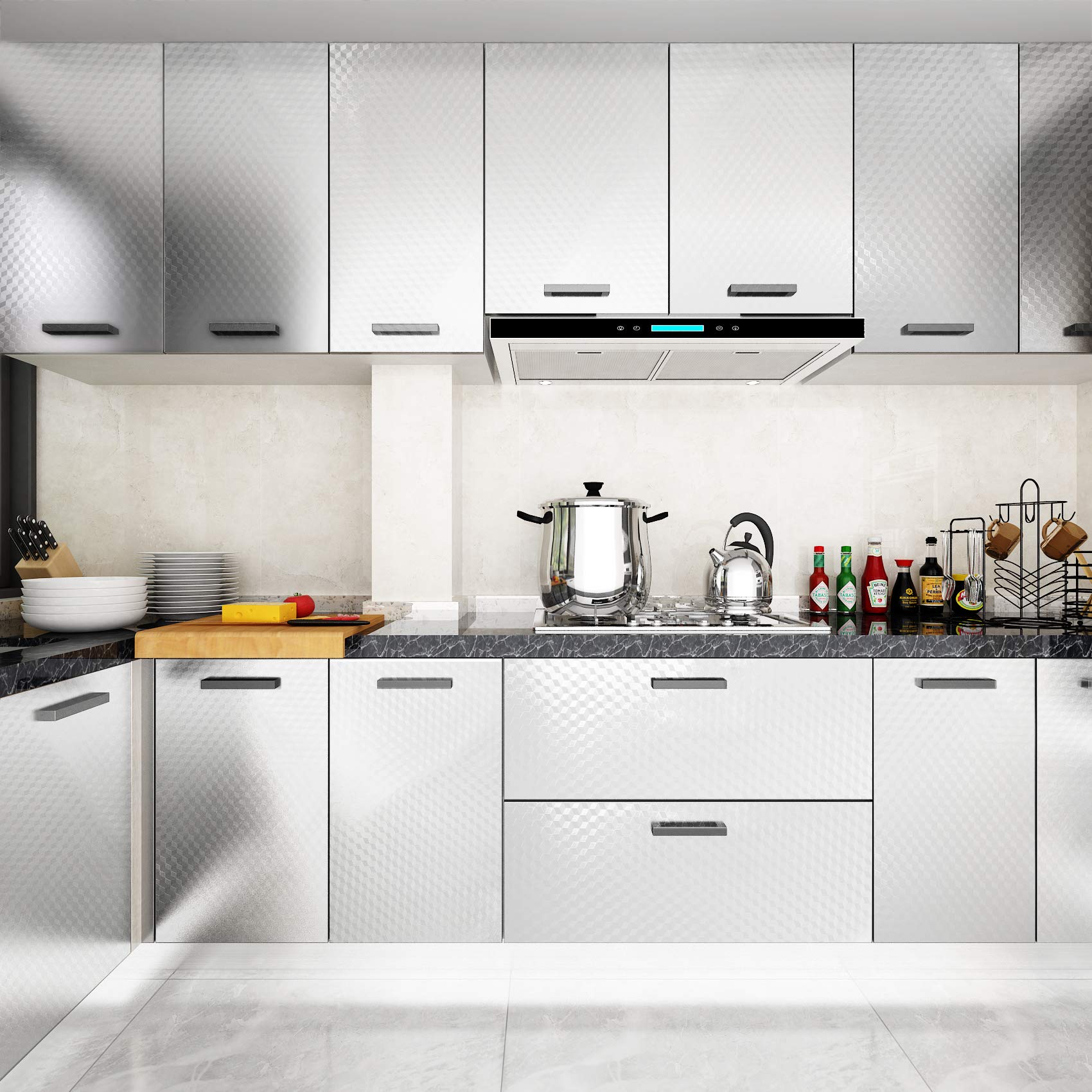 Kitchen Waterproof Oil Proof Aluminum Foil Sticker, Silver Chequer Peel And Stick Wallpaper Removable And Self Adhesive Paper Fo