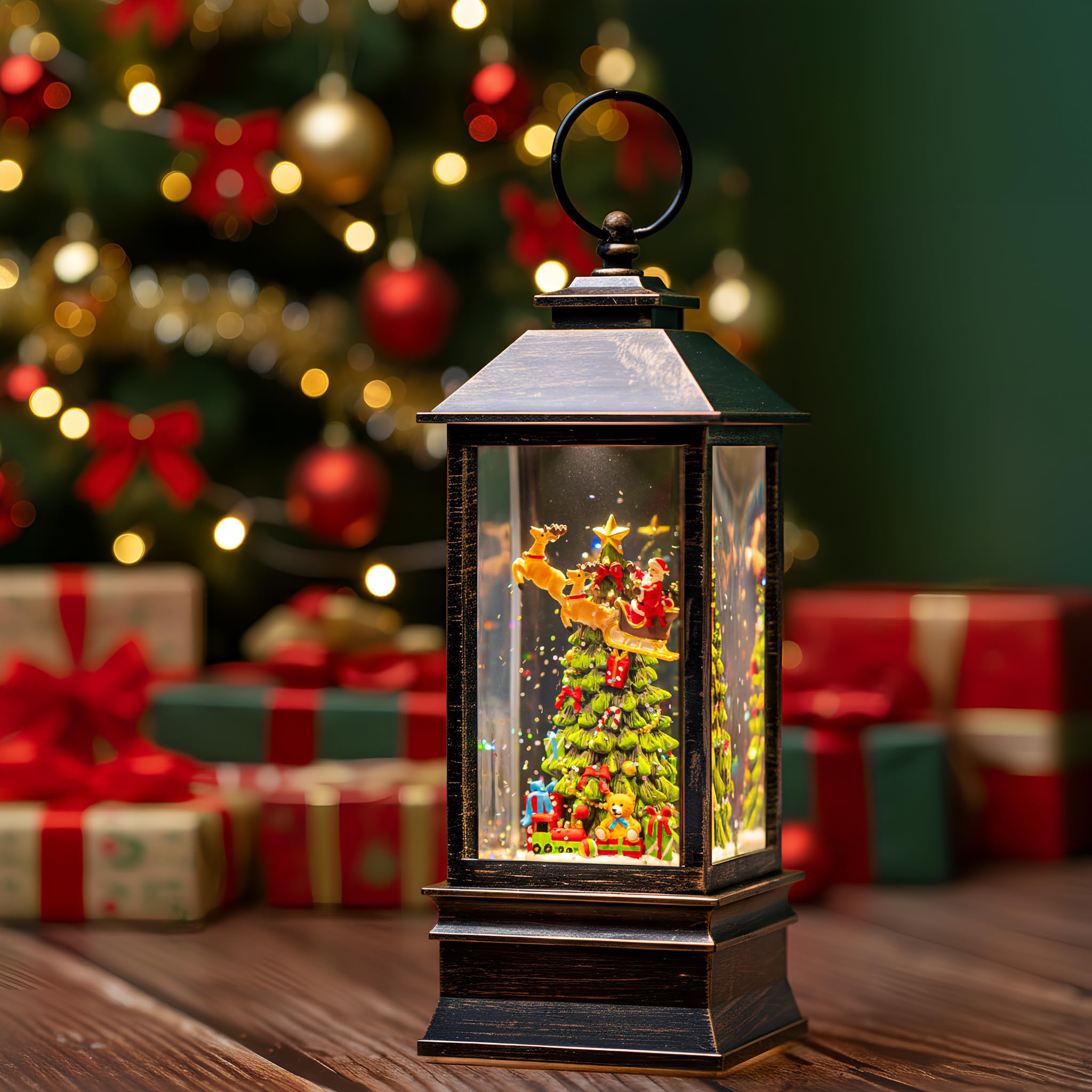 10 Musical Snow Globe Lantern Lighted Christmas Tree and Flying Santa Water Lantern Swirling Glittering Home Decoration and Gi