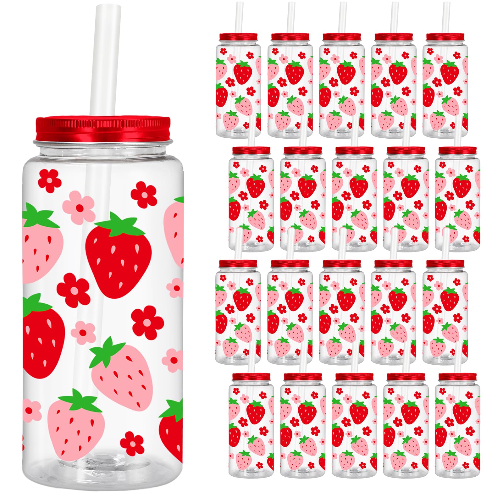 FYSUIMU 20 Pcs Strawberry Plastic Cups with Lids Straws Clear Reusable Mason Jar Red Pink Flower Strawberry Drinking Cups for Bi